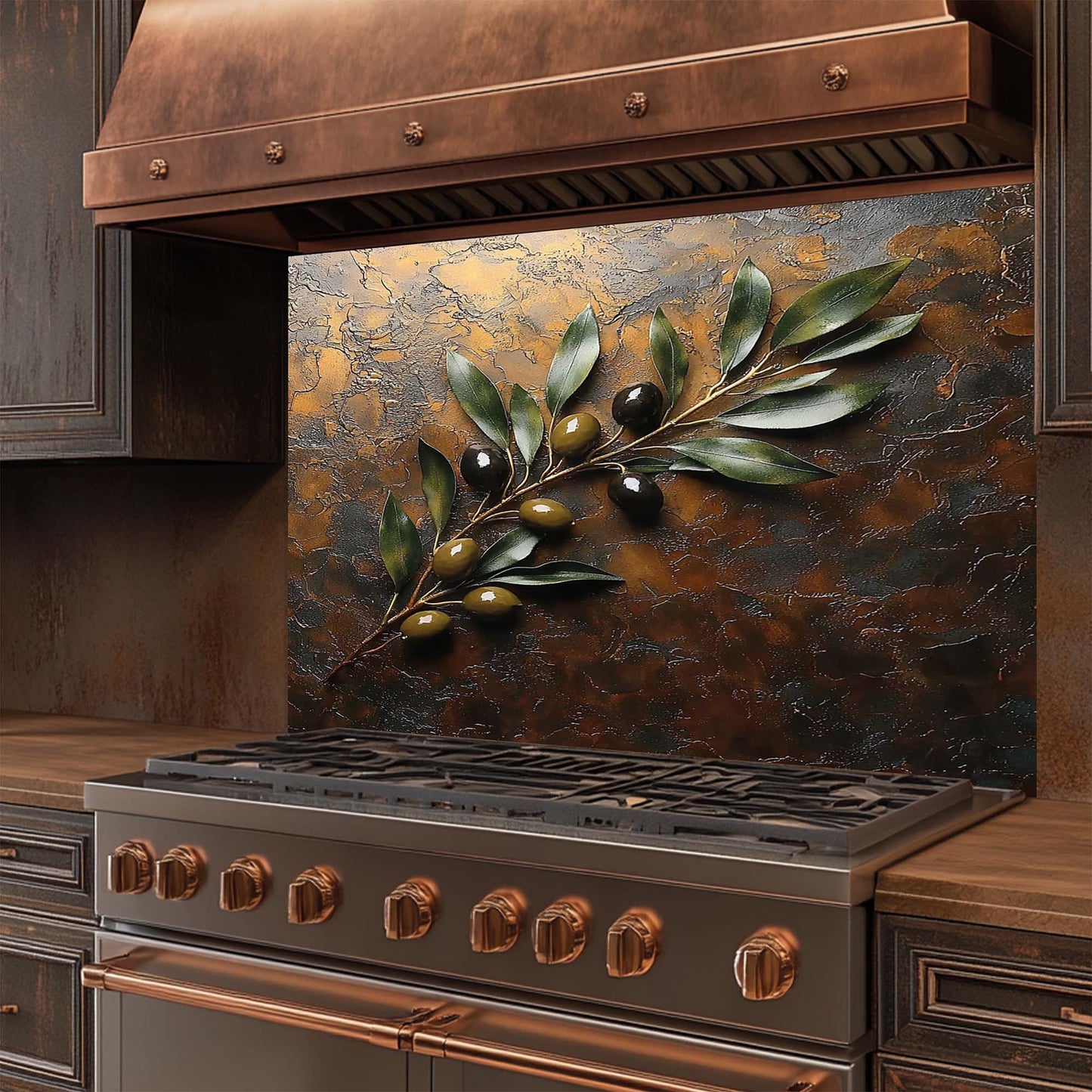 Olive Harmony – Tempered Glass Backsplash for Kitchen Stove | Rustic Olive Branch Backsplash