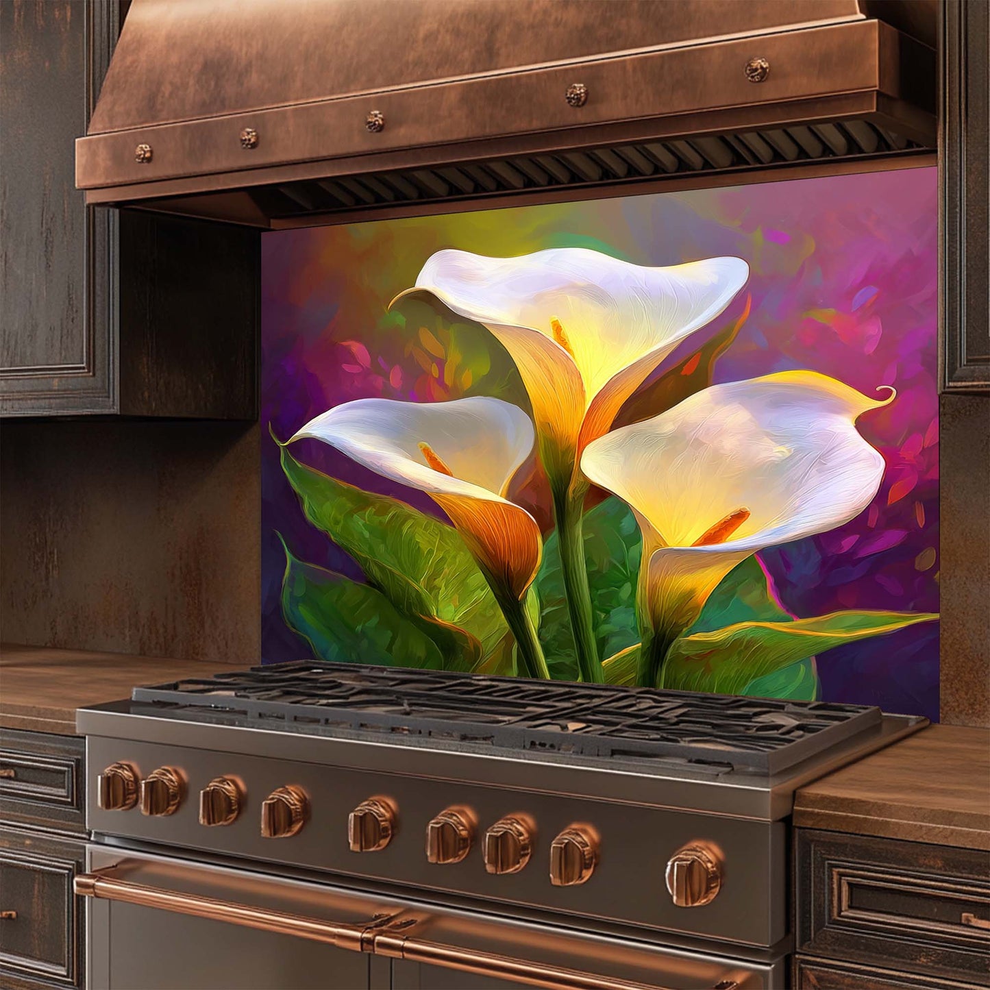 Luminous Calla Bloom – Tempered Glass Backsplash for Kitchen | Glowing Floral Backsplash