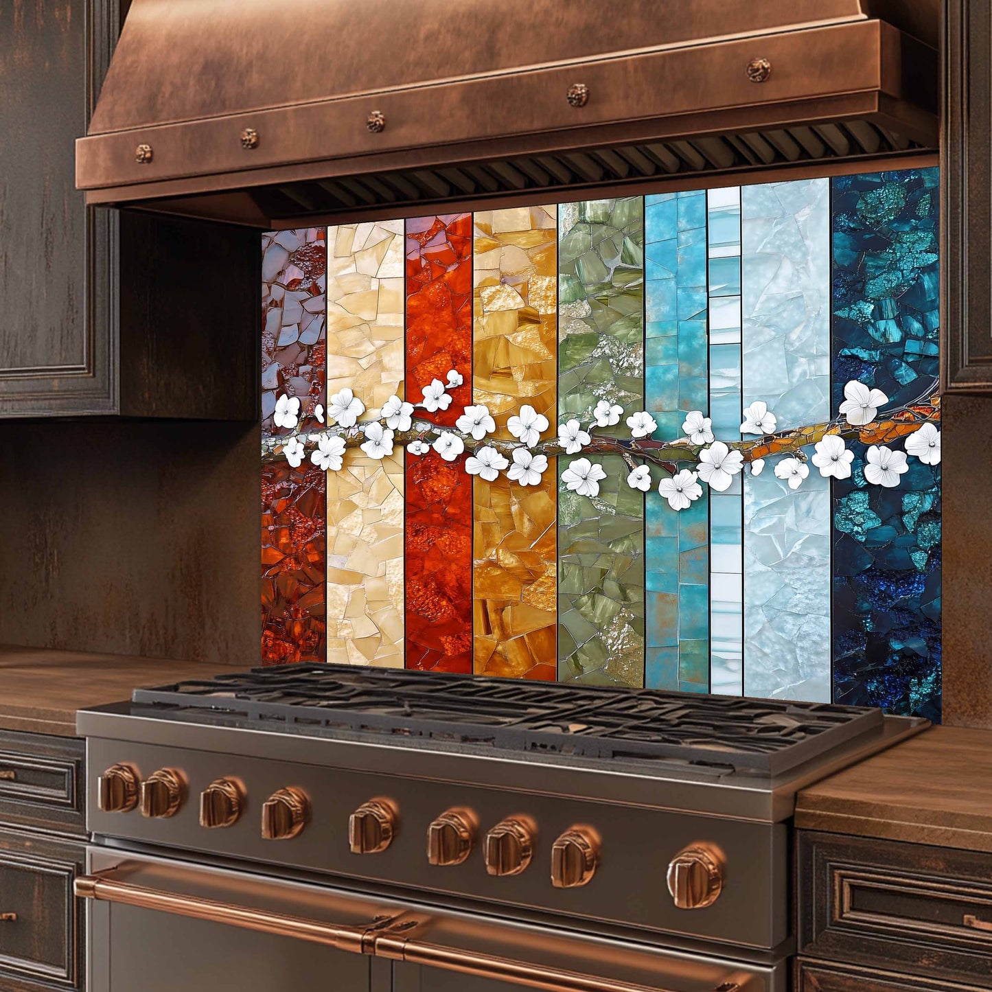 Glass Kitchen Backsplash – Blossom Spectrum Mosaic With Cherry Flower Branch