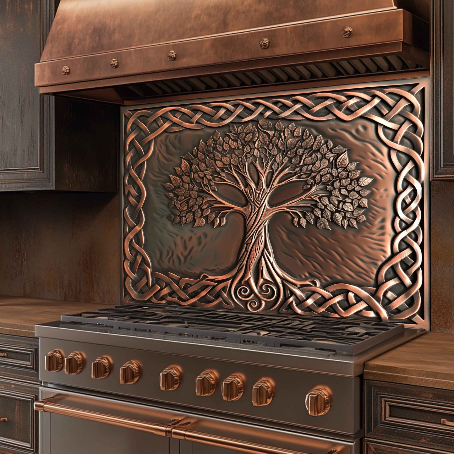 Custom Kitchen Backsplash – Copper Knot Look Tempered Glass Stove Backsplash