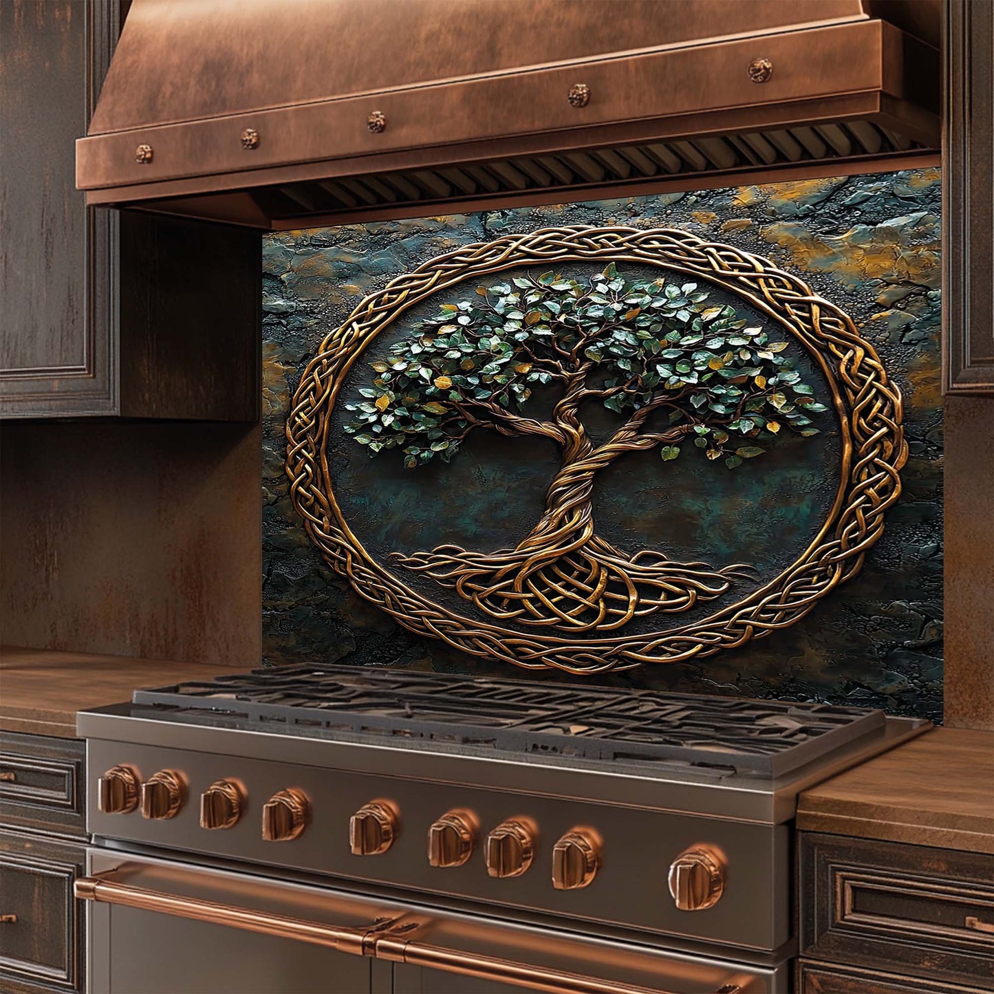 Golden Canopy – Tree of Life Tempered Glass Backsplash | Celtic Copper Look Backsplash
