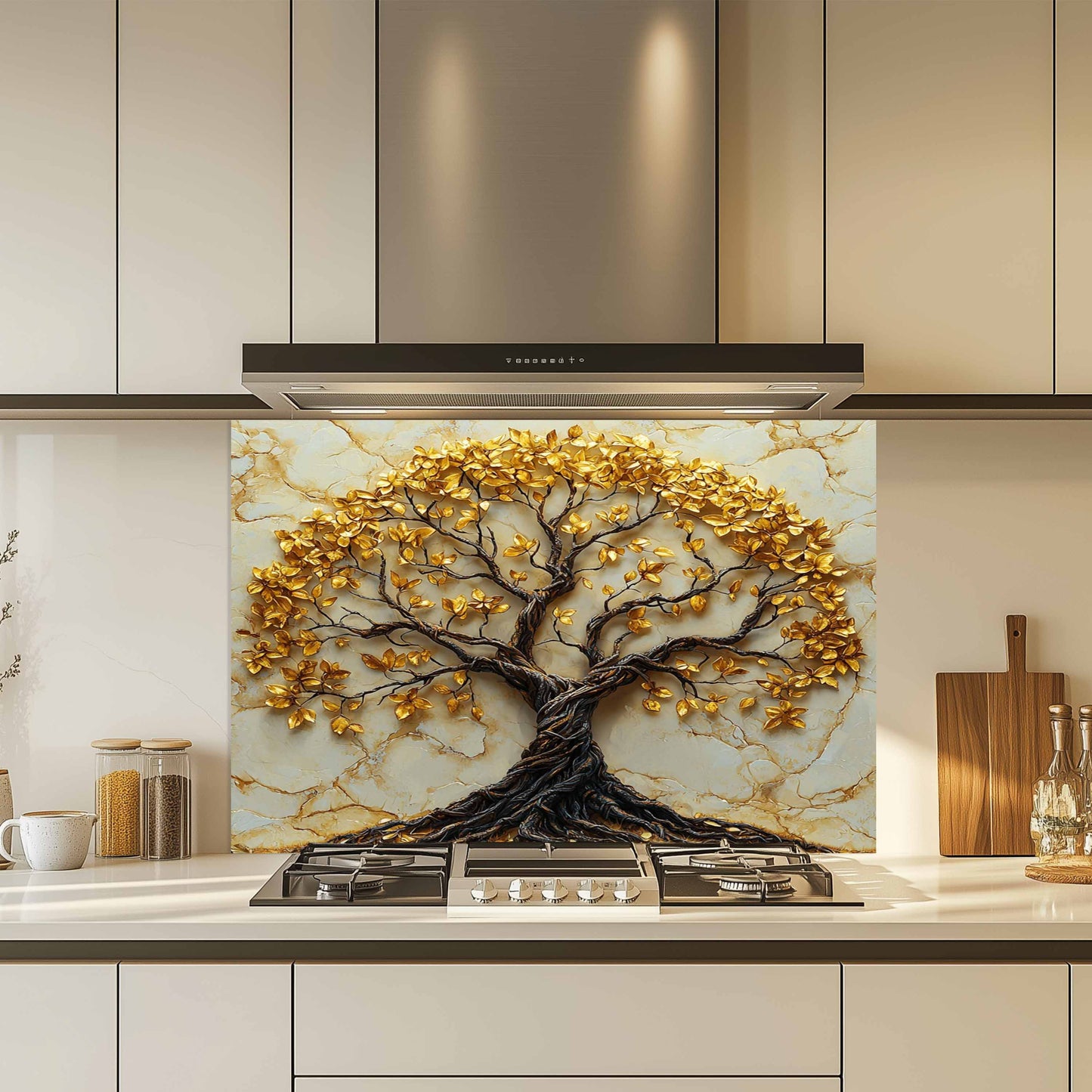 Tempered Glass Backsplash – Gold Marble Tree Kitchen Backsplash
