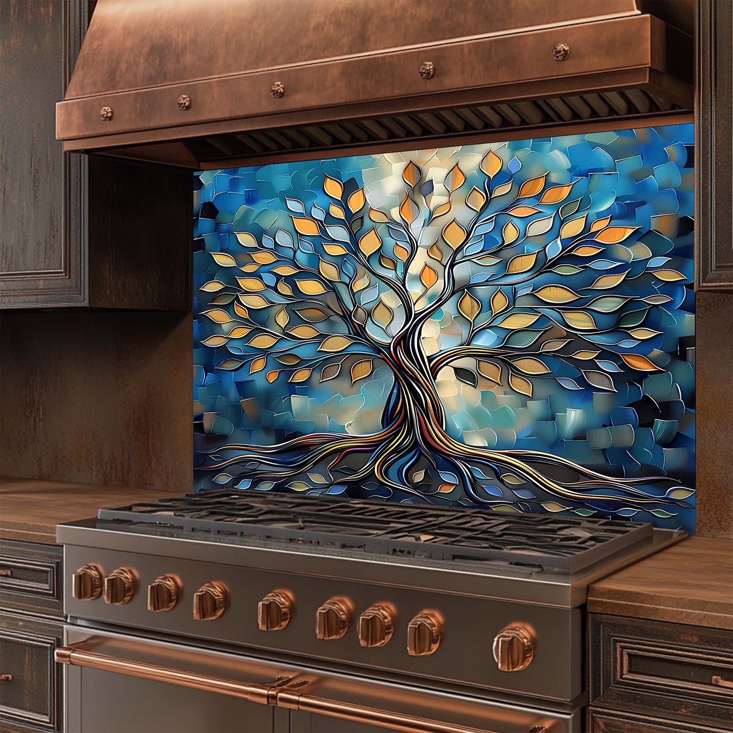 Electric Root – Tempered Glass Backsplash for Stove | Abstract Tree of Life Backsplash