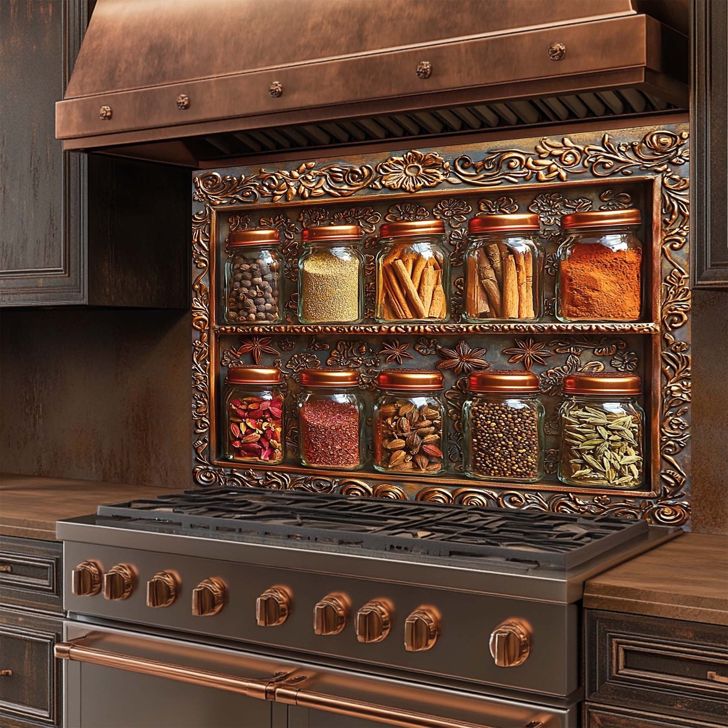 Spice Frame – Tempered Glass Backsplash for Kitchen | Copper Look Spice Jar Backsplash