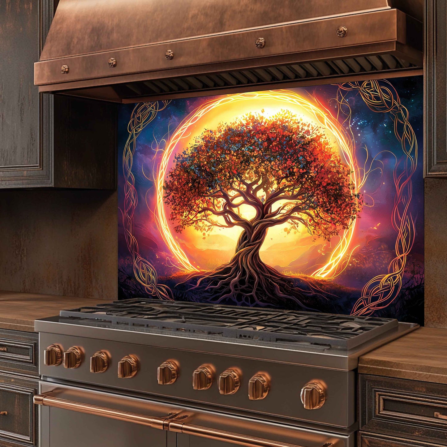 Custom Kitchen Backsplash – Eternal Roots Tempered Glass Stove Backsplash