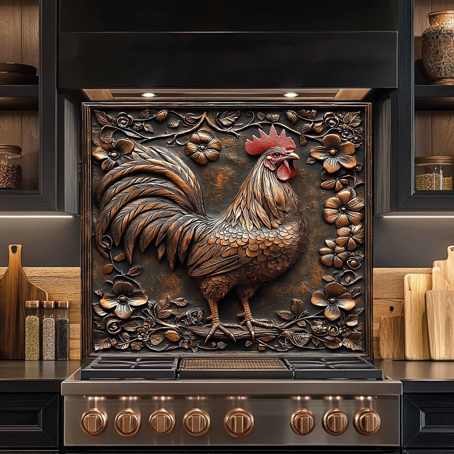 Copper Look Rooster Tempered Glass Backsplash – Farmhouse Kitchen Backsplash