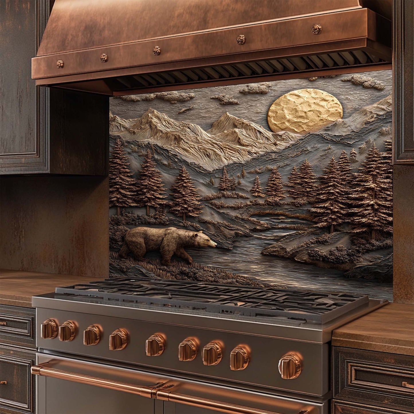 Bronze Mountain Bear – Tempered Glass Backsplash for Kitchen – Copper Look Backsplash