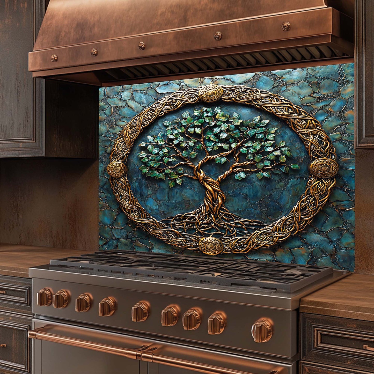 Celtic Embrace – Tempered Glass Backsplash for Kitchen Stove | Copper Look Backsplash