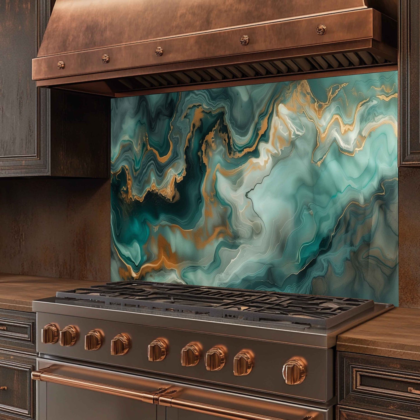 Glass Kitchen Backsplash – Emerald Marble Gold Fluid Art Panel
