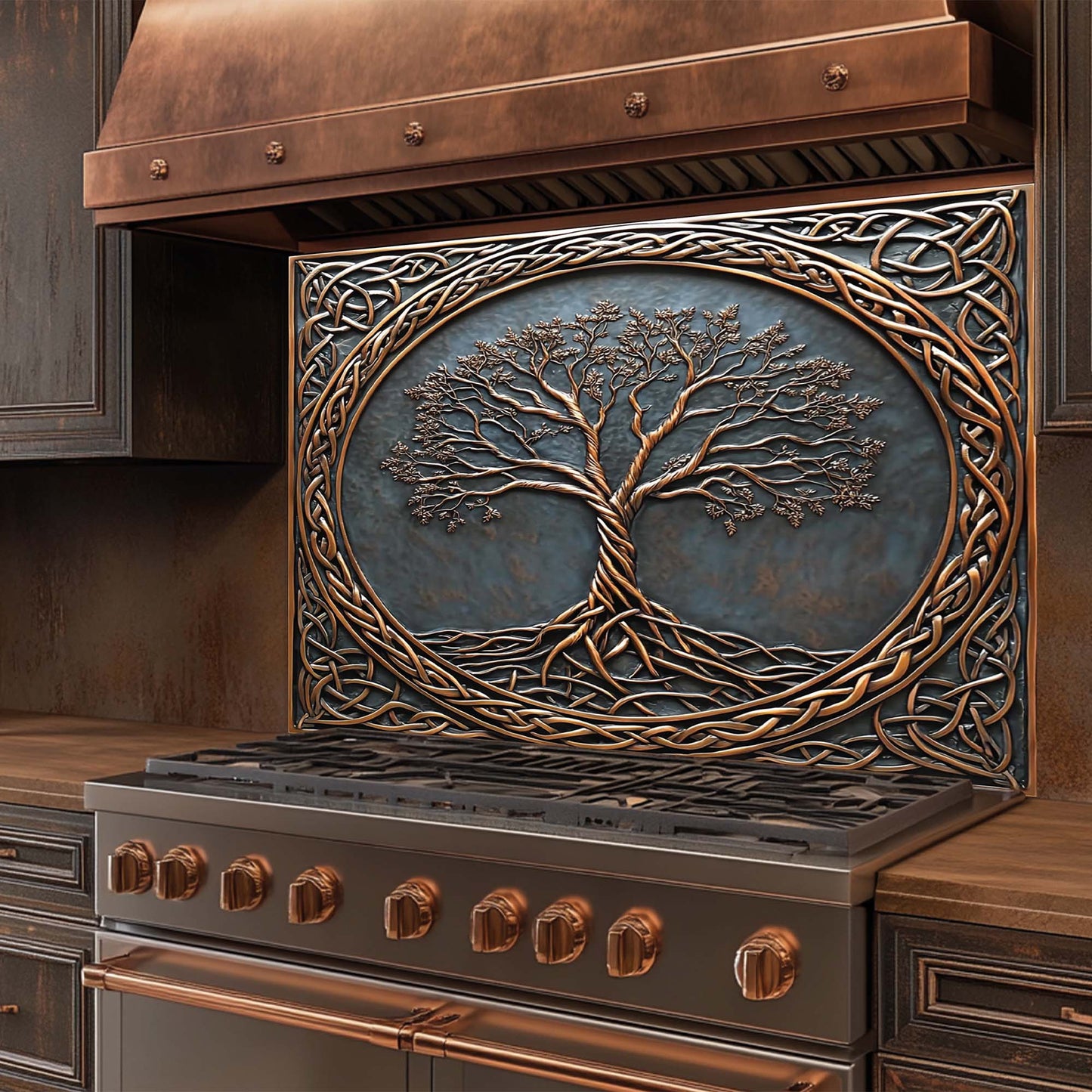 Bronze Roots Tempered Glass Backsplash – Tree of Life Copper Look Kitchen Backsplash