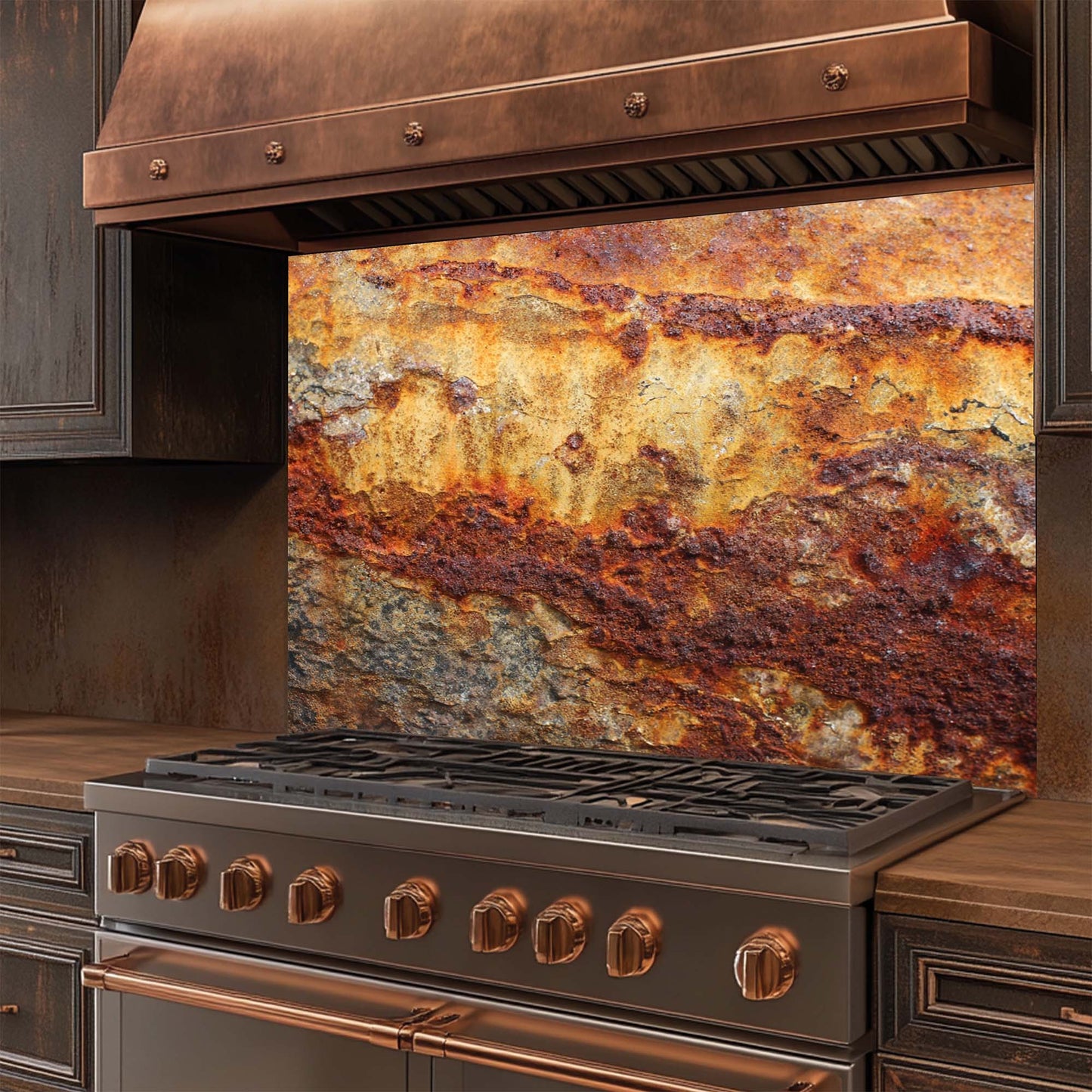 Rust Flow – Tempered Glass Backsplash | Industrial Abstract Copper Look Kitchen Backsplash