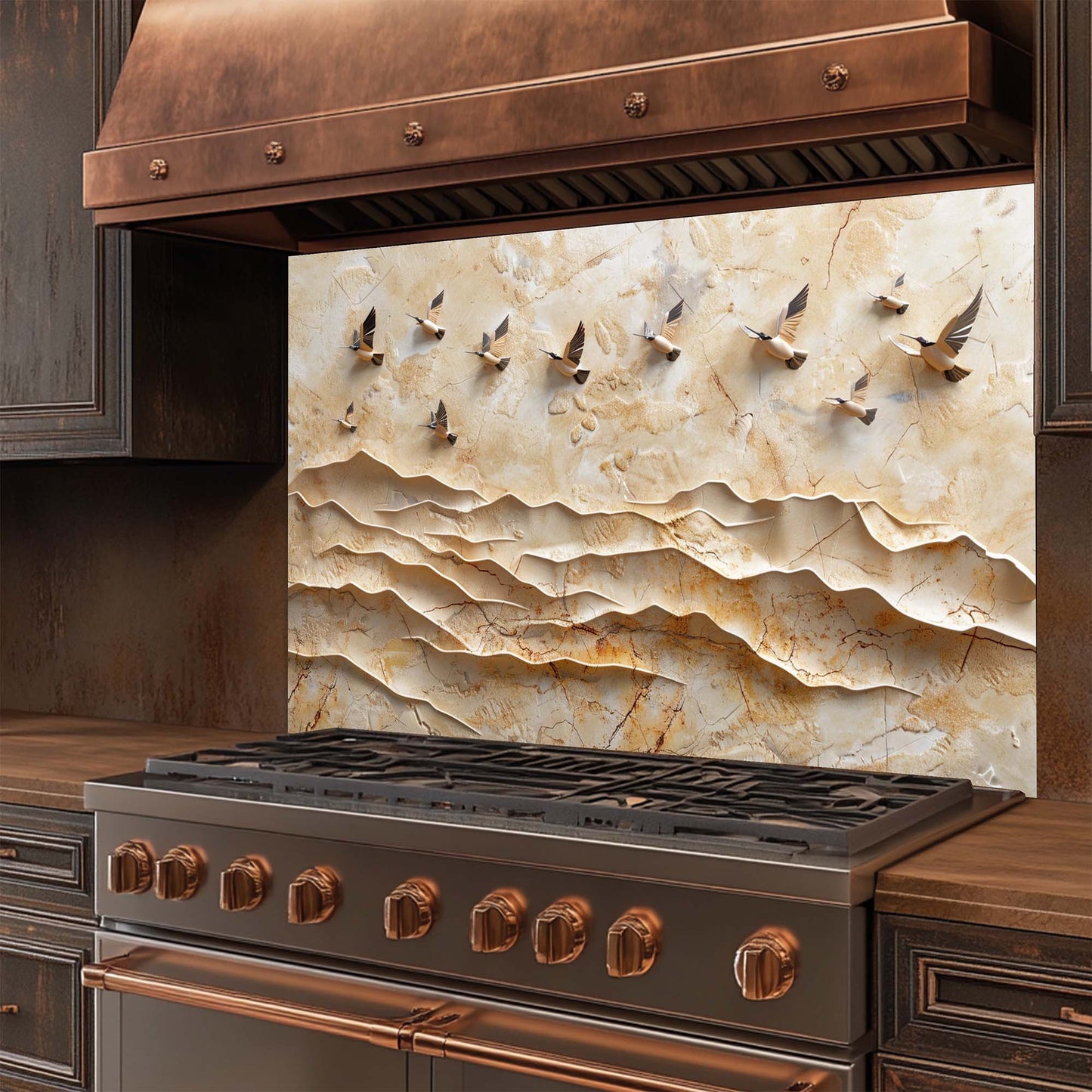Golden Flight – Tempered Glass Backsplash for Kitchen | Flying Birds Backsplash