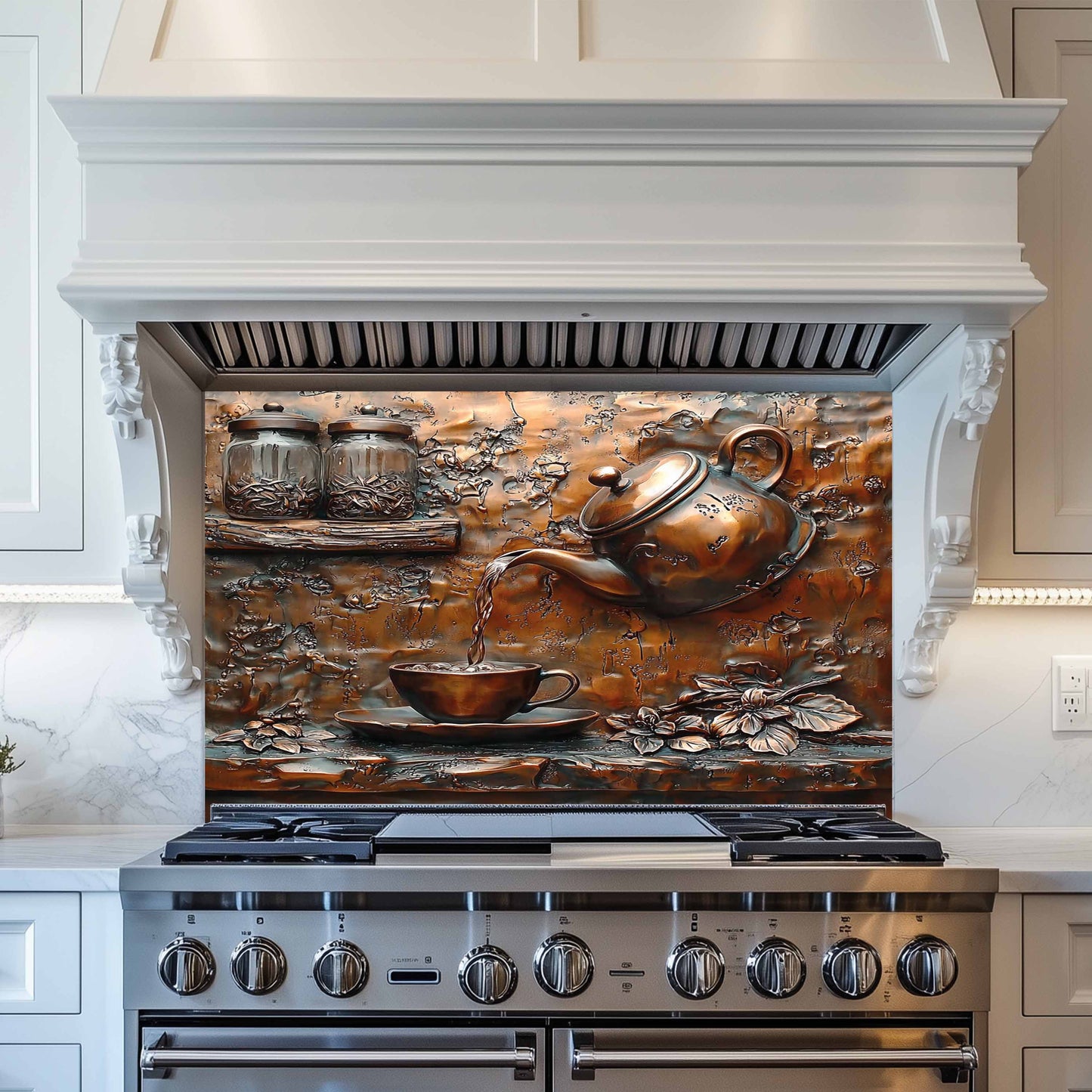 Herbal Tea Tempered Glass Backsplash – Copper Look Rustic Backsplash for Kitchen