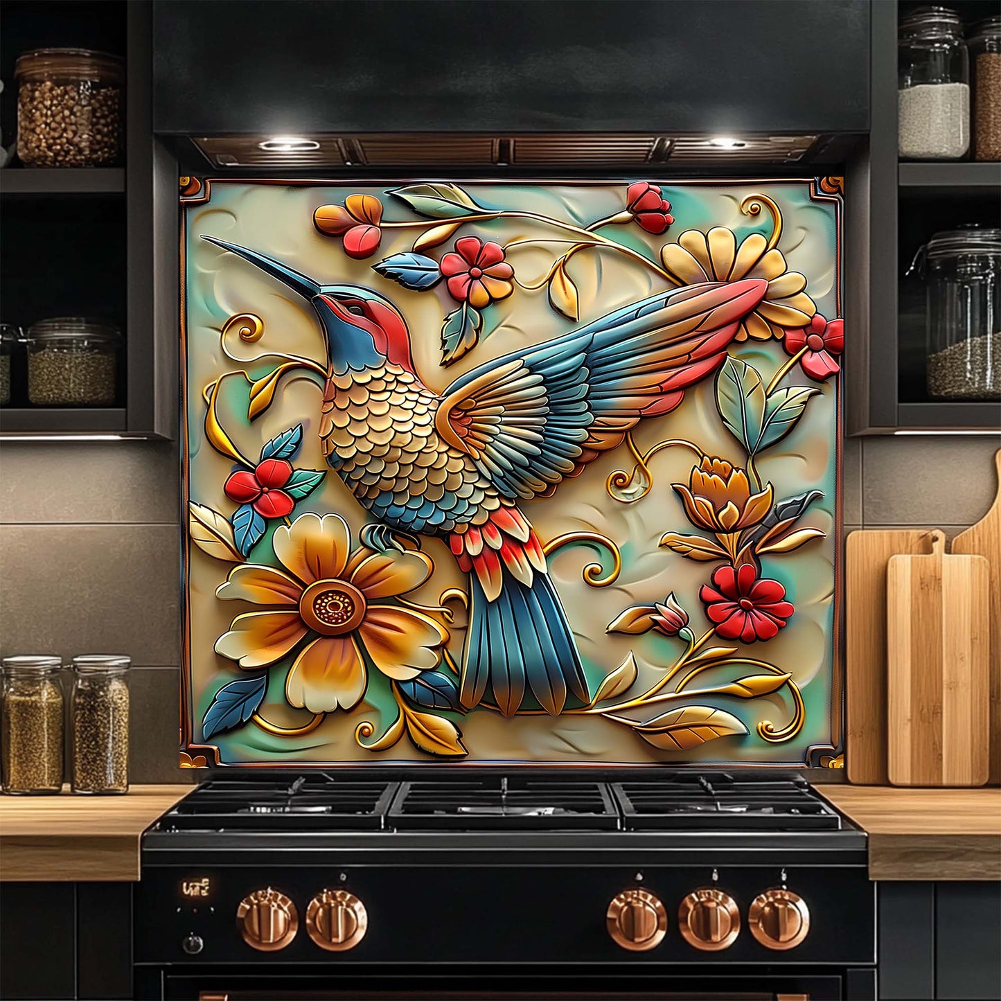 Birdsong Bloom Tempered Glass Backsplash – Colorful Floral & Bird Kitchen Backsplash
