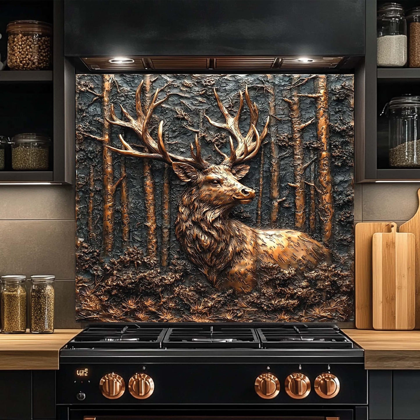 Forest Stag – Tempered Glass Backsplash for Kitchen Stove | Copper Look Backsplash