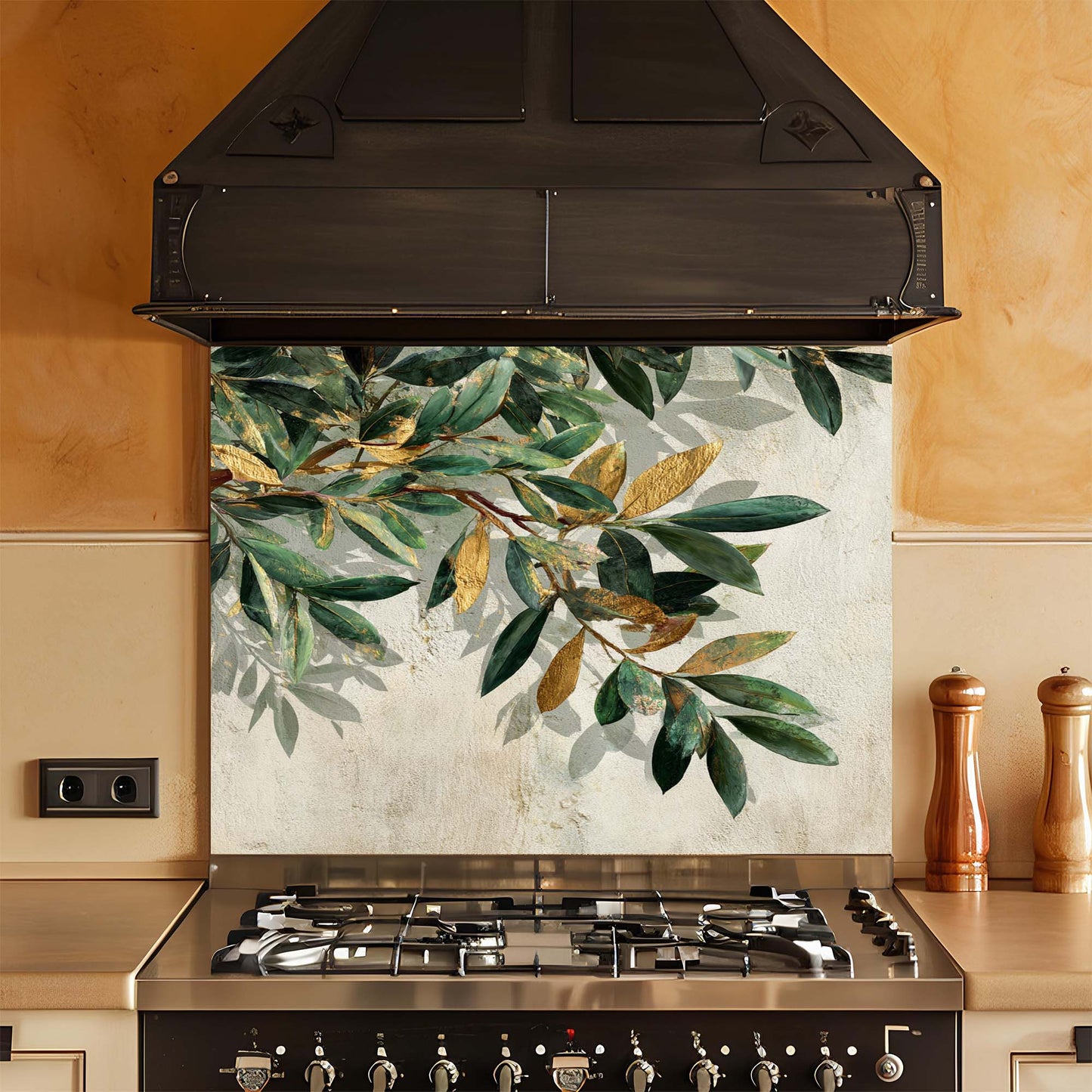 Golden Olive – Tempered Glass Backsplash for Kitchen – Botanical Kitchen Splashback