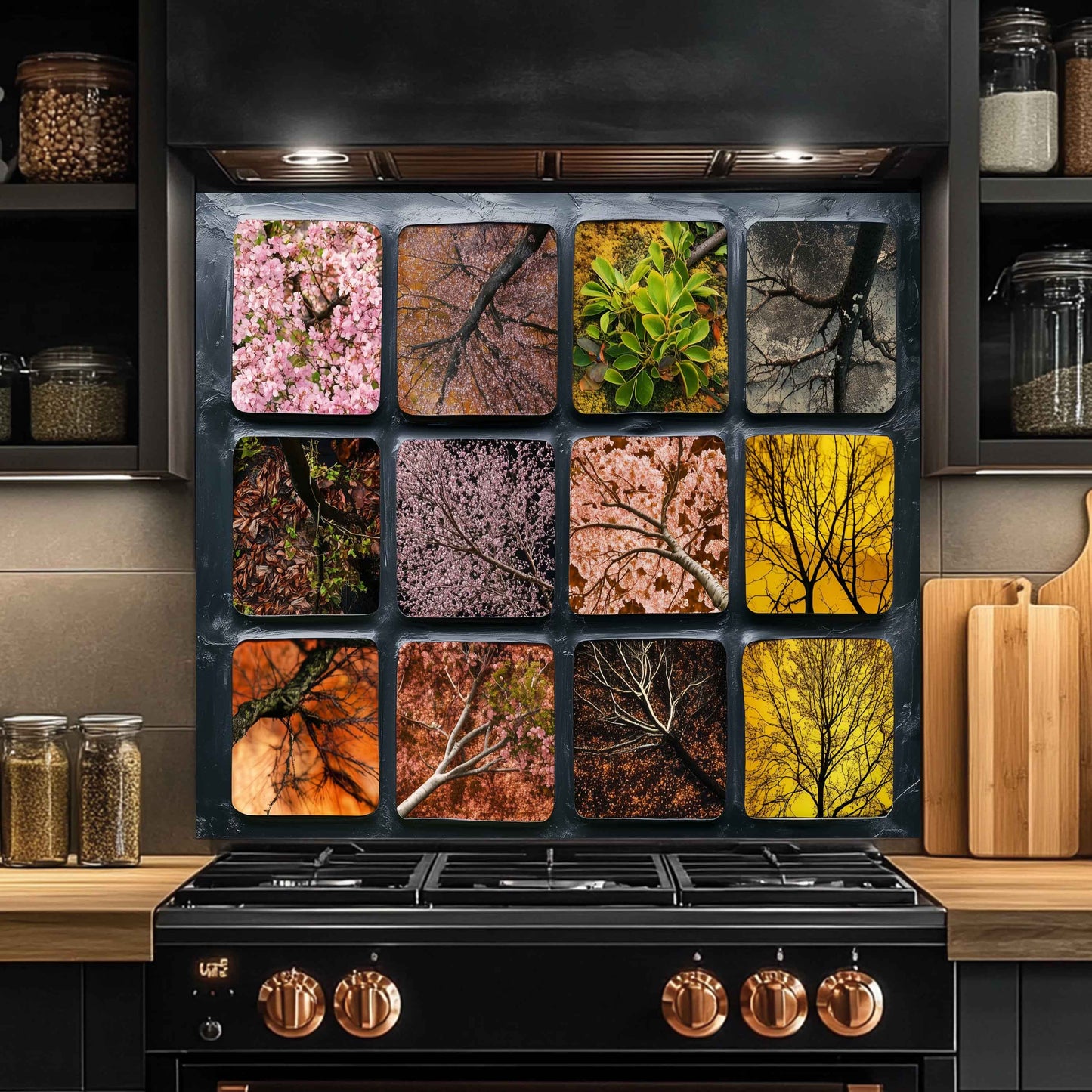 Seasonal Canopy – Tempered Glass Backsplash for Kitchen | Floral Tree Silhouette Abstract