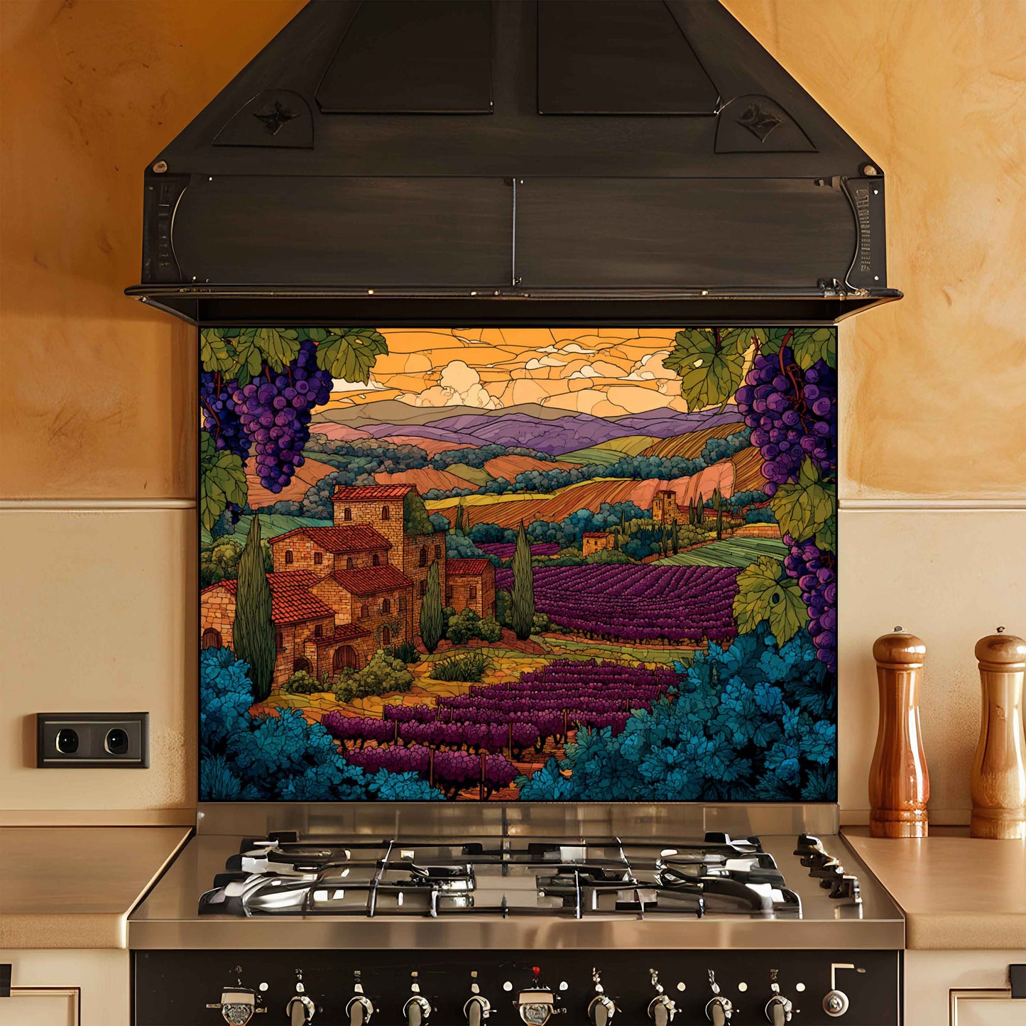 Tempered Glass Backsplash for Kitchen | Tuscan Vineyard & Sunset Countryside Scene