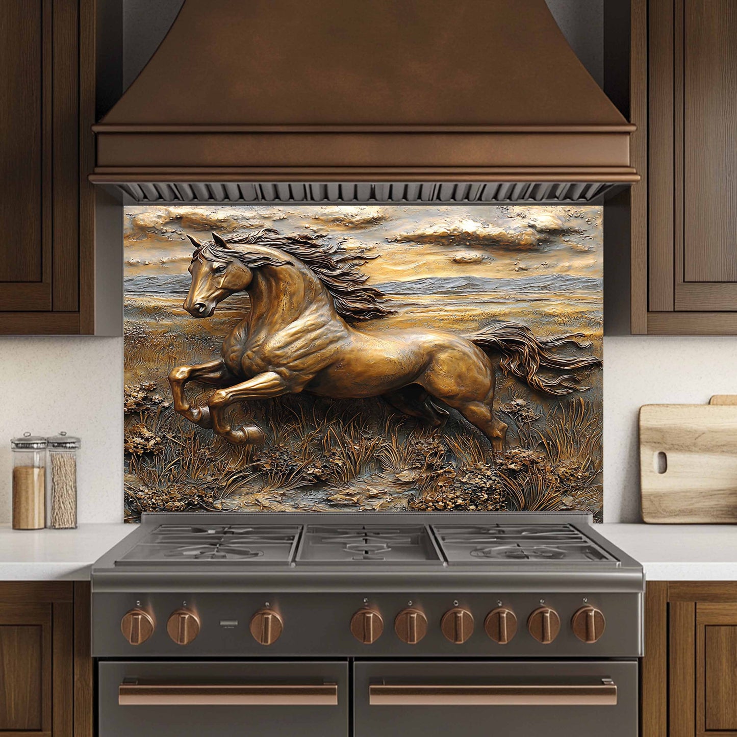 Copper Look Horse Tempered Glass Backsplash – Rustic Kitchen Back splash for Stove