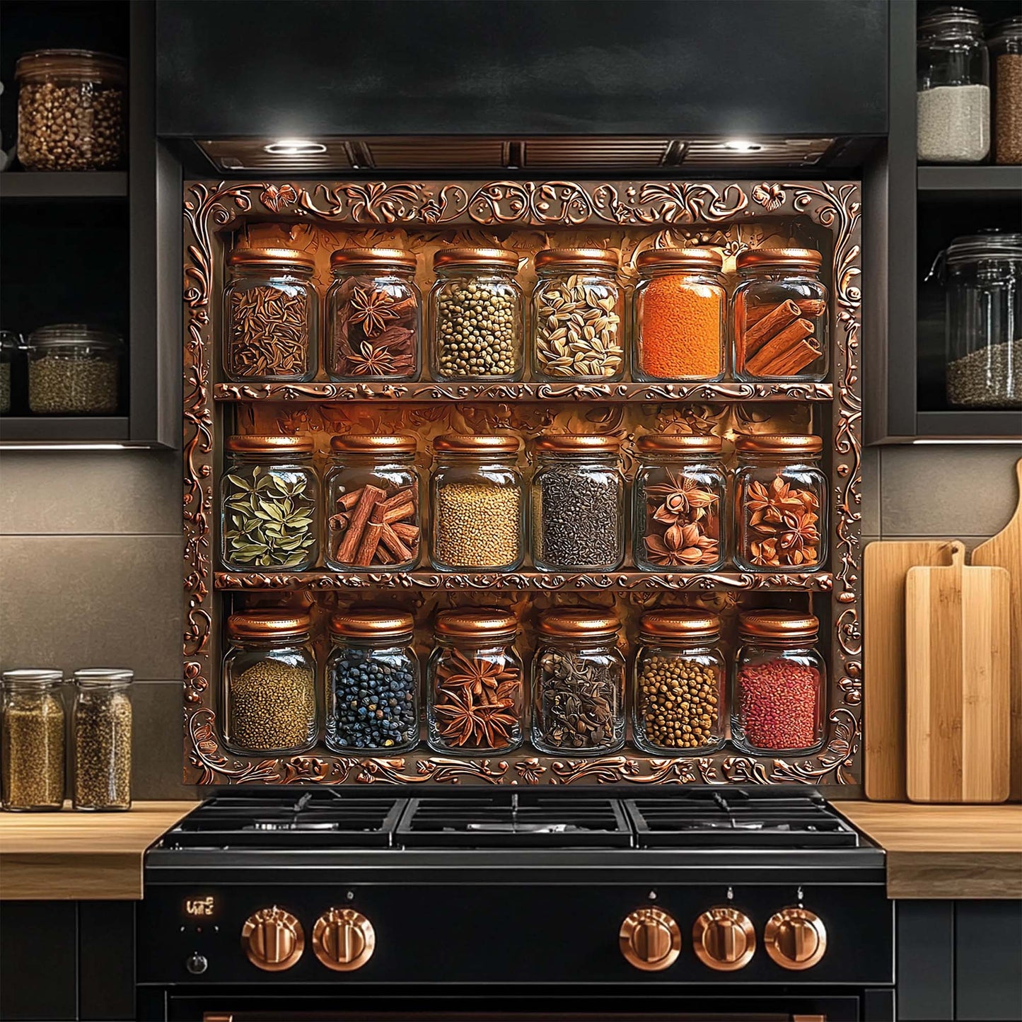 Spice Harmony – Tempered Glass Backsplash for Kitchen | Copper Look Spice Jar Splashback