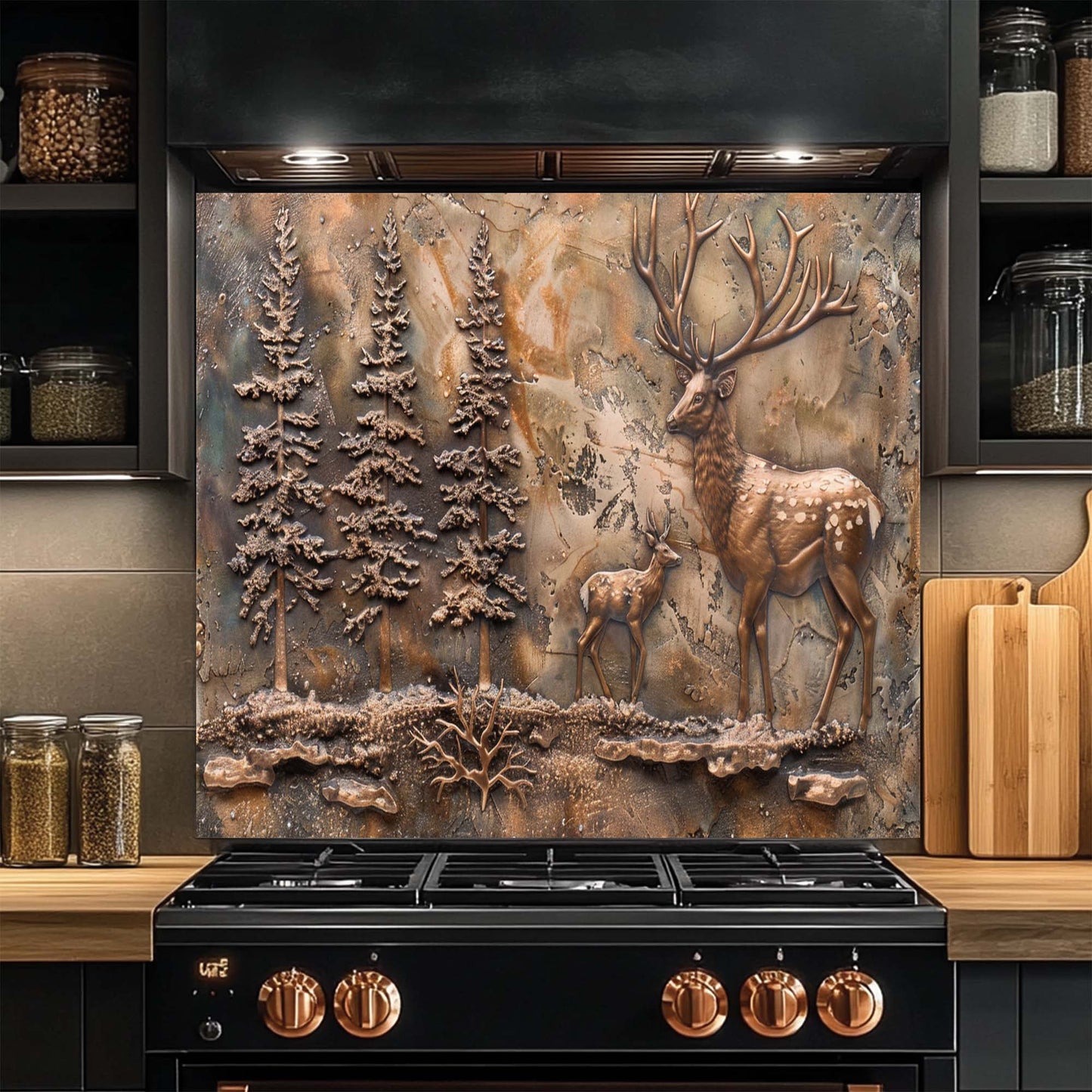 Bronze Elk Scene – Tempered Glass Backsplash for Kitchen | Forest Deer Stove Backsplash