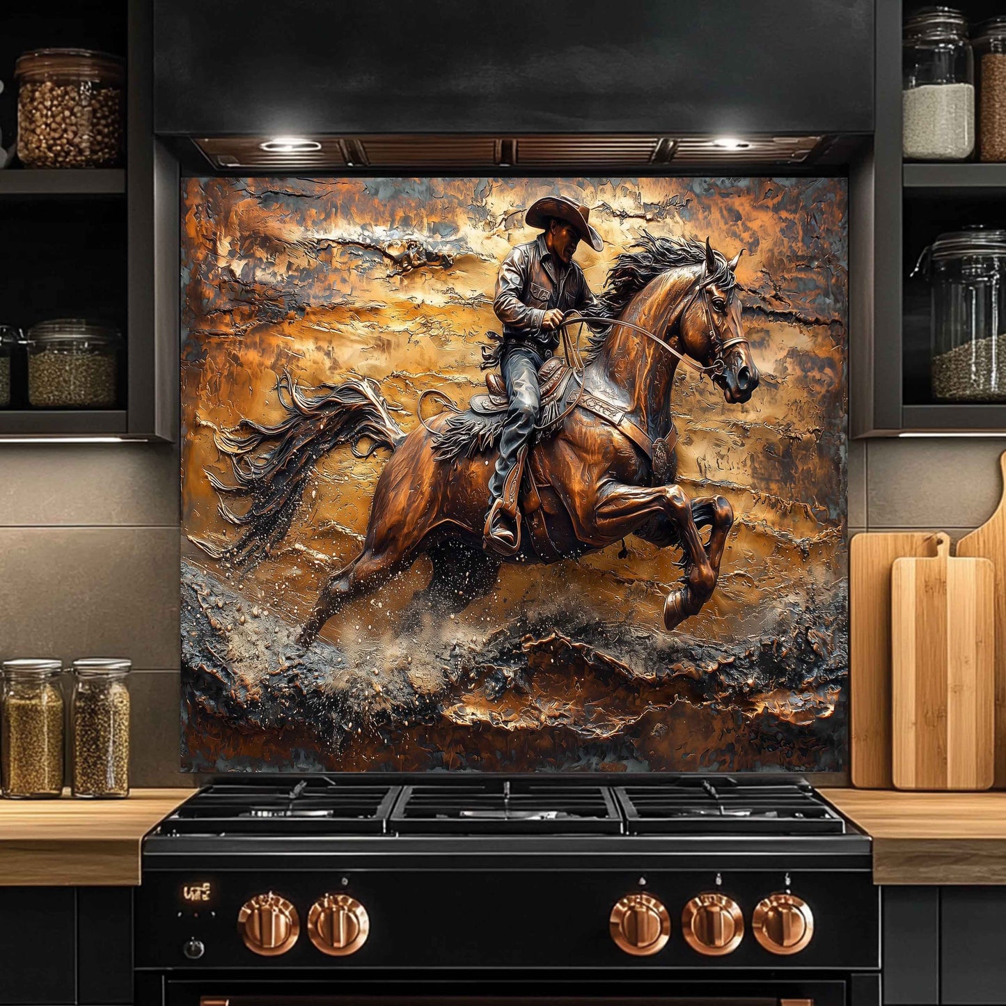 Tempered Glass Backsplash for Kitchen | Copper-Look Cowboy Galloping in Desert
