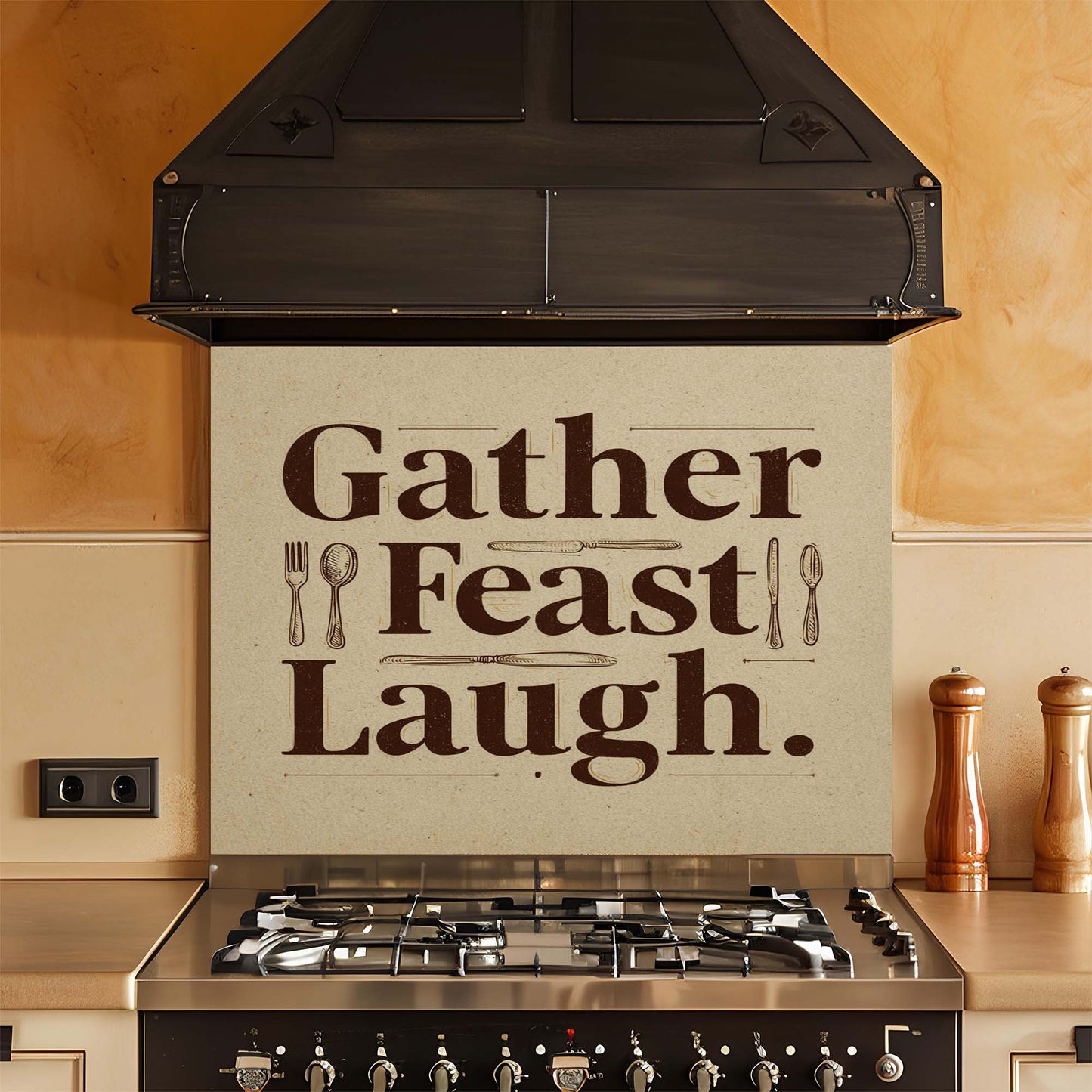 Gather Feast Laugh – Tempered Glass Backsplash for Kitchen – Dining Quote Splashback