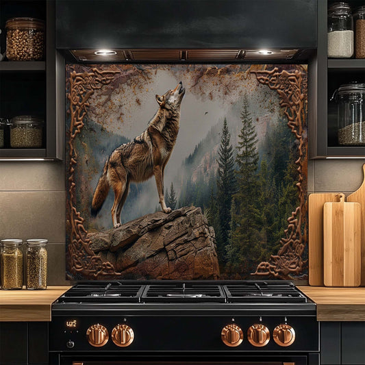 Howl Spirit – Tempered Glass Backsplash for Kitchen | Wolf and Forest Landscape Backsplash