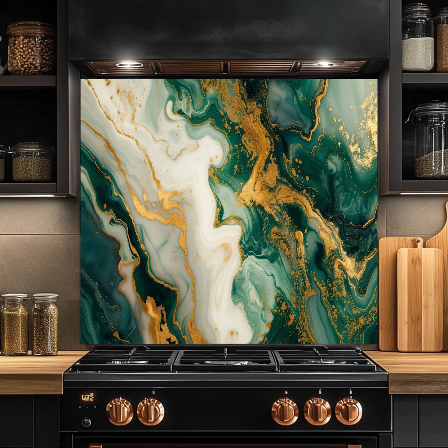 Glass Kitchen Backsplash – Green Gold Cream Fluid Marble Panel