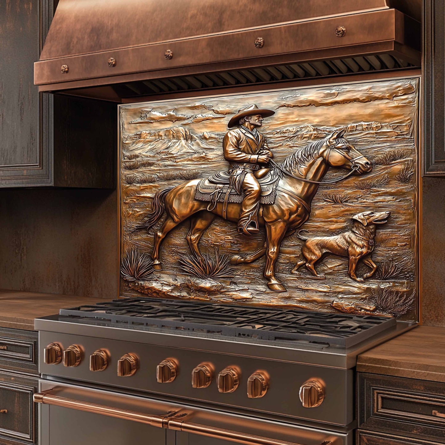 Copper Look Cowboy Tempered Glass Backsplash – Western Kitchen Backsplash for Stove