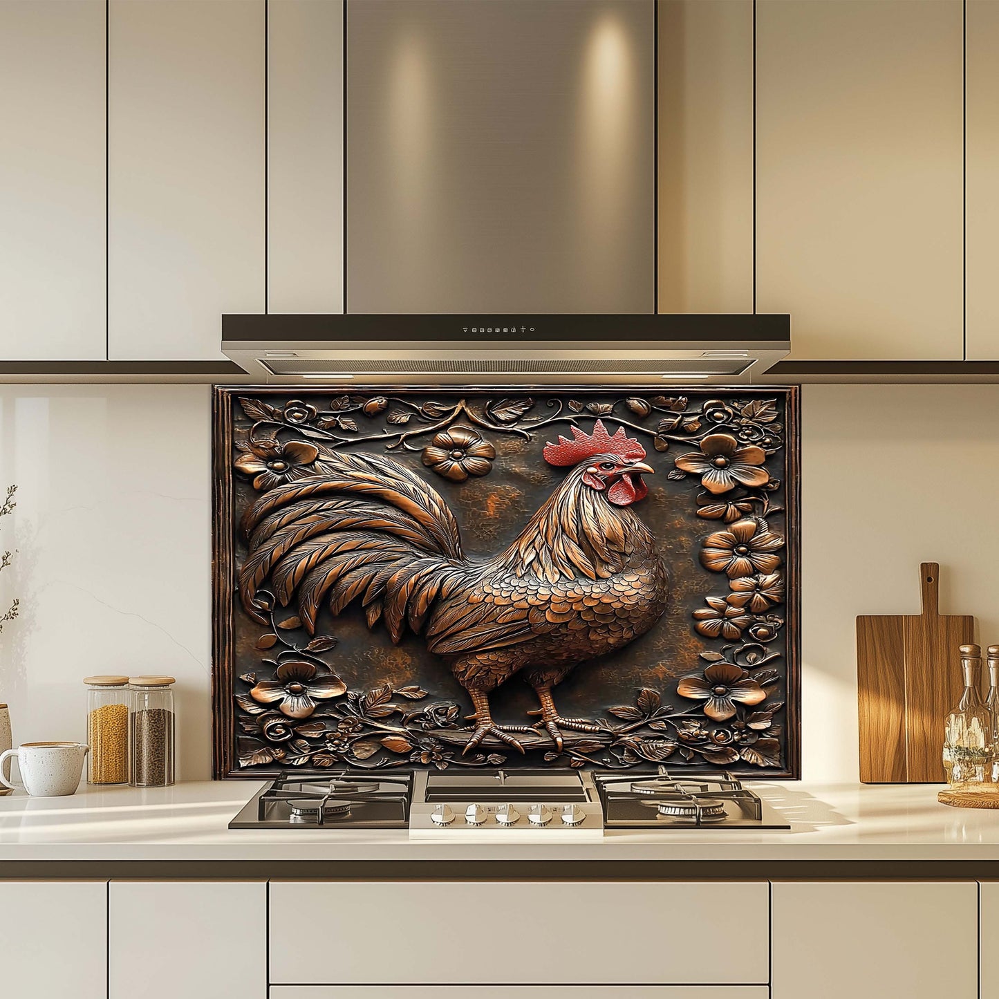Copper Look Rooster Tempered Glass Backsplash – Farmhouse Kitchen Backsplash