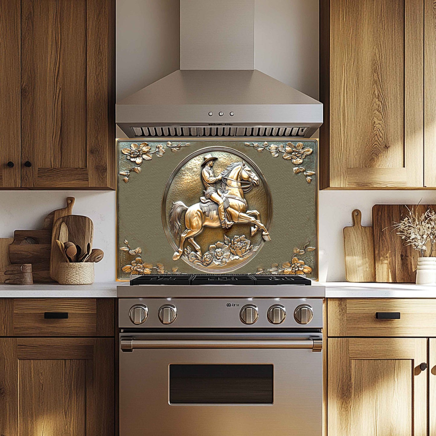 Copper Rider Tempered Glass Backsplash – Western Cowboy Kitchen Stove Backsplash