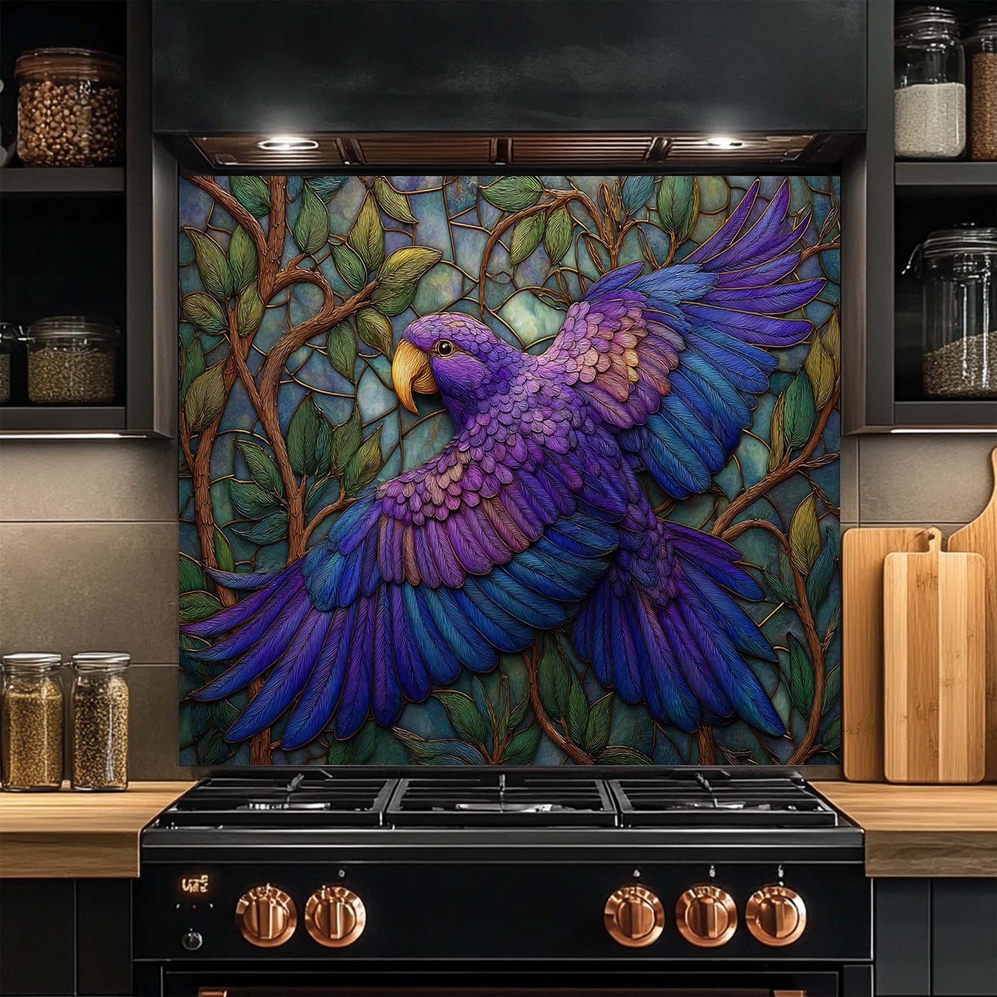 Azure Harmony – Tempered Glass Backsplash for Kitchen Stove | Purple Blue Bird Backsplash