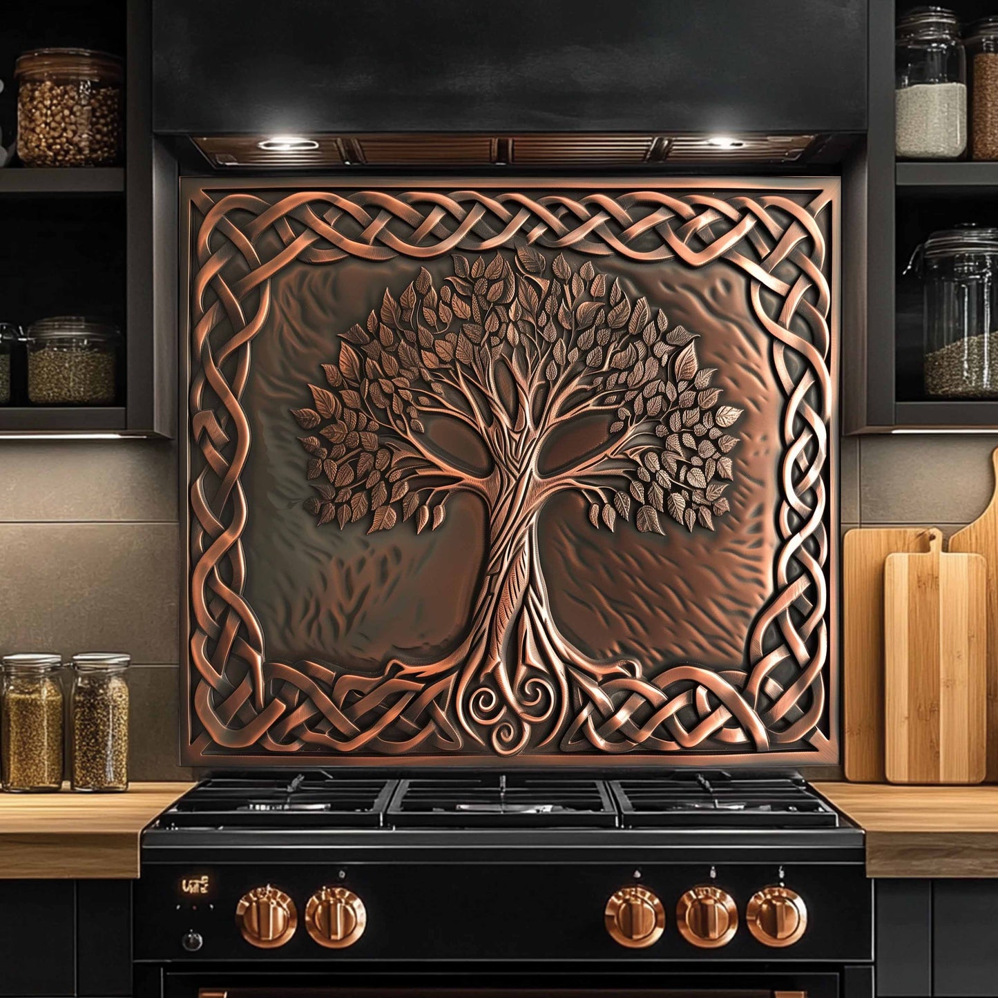 Custom Kitchen Backsplash – Copper Knot Look Tempered Glass Stove Backsplash