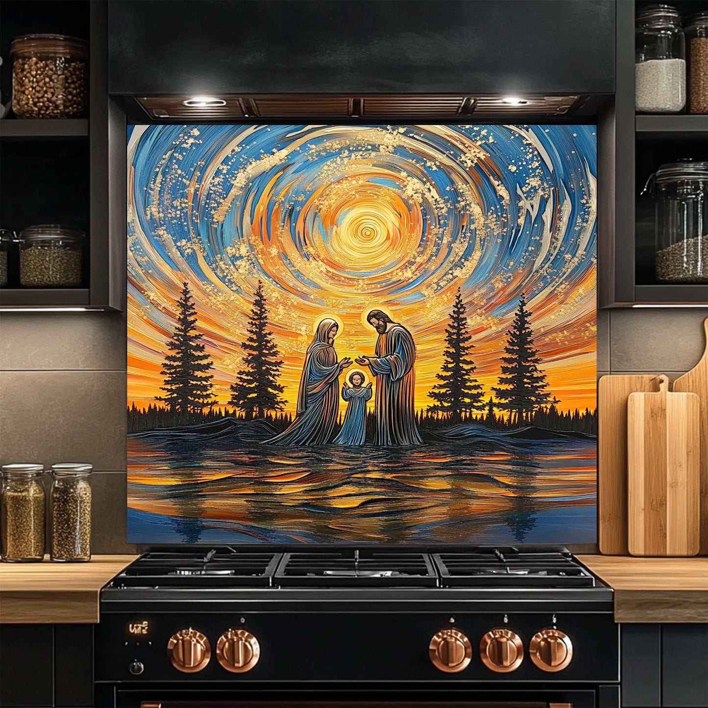 Divine Harmony – Tempered Glass Backsplash for Kitchen Stove | Holy Family Sunset Scene