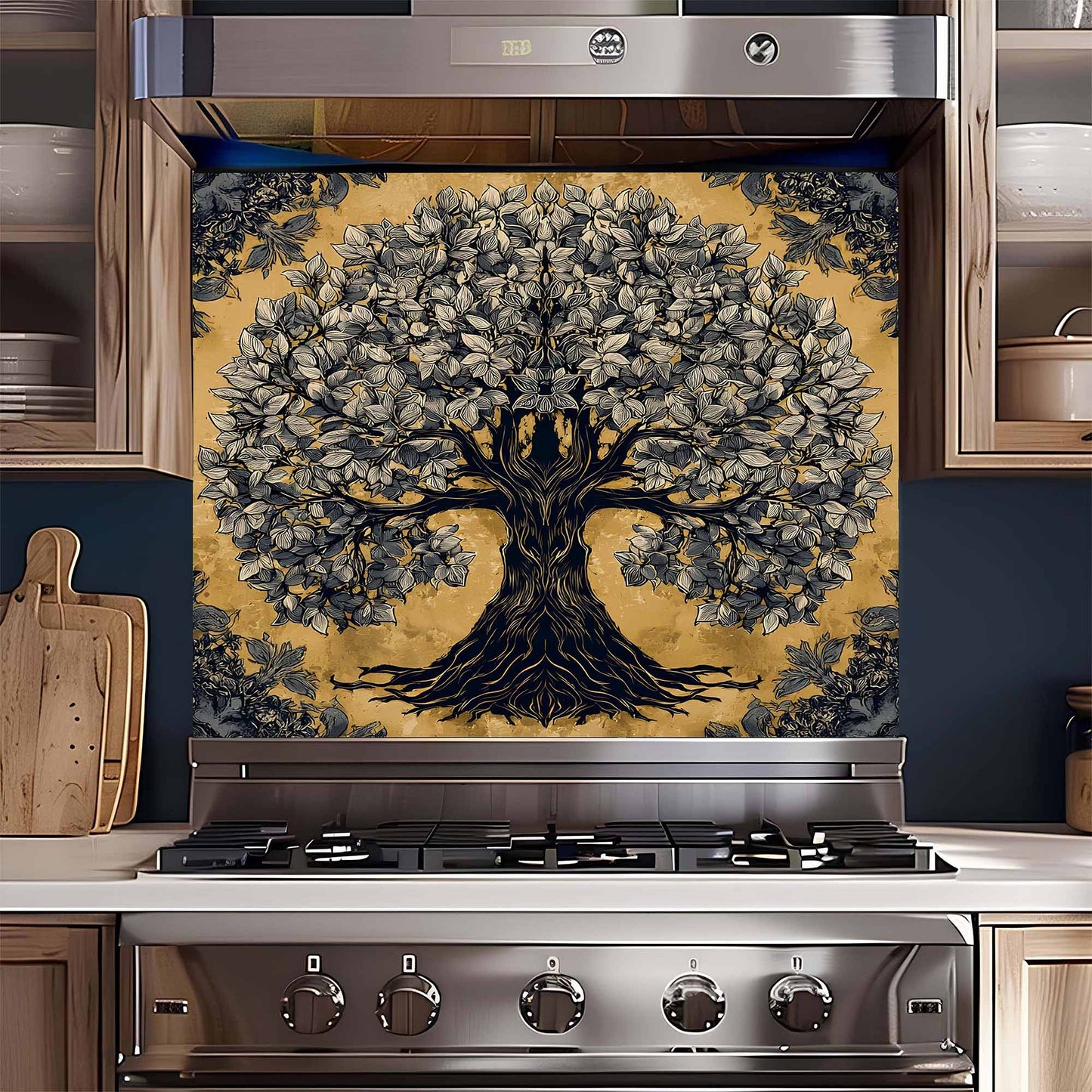 Golden Grove Tree Glass Backsplash – Kitchen Backsplash Tile in Tempered Glass
