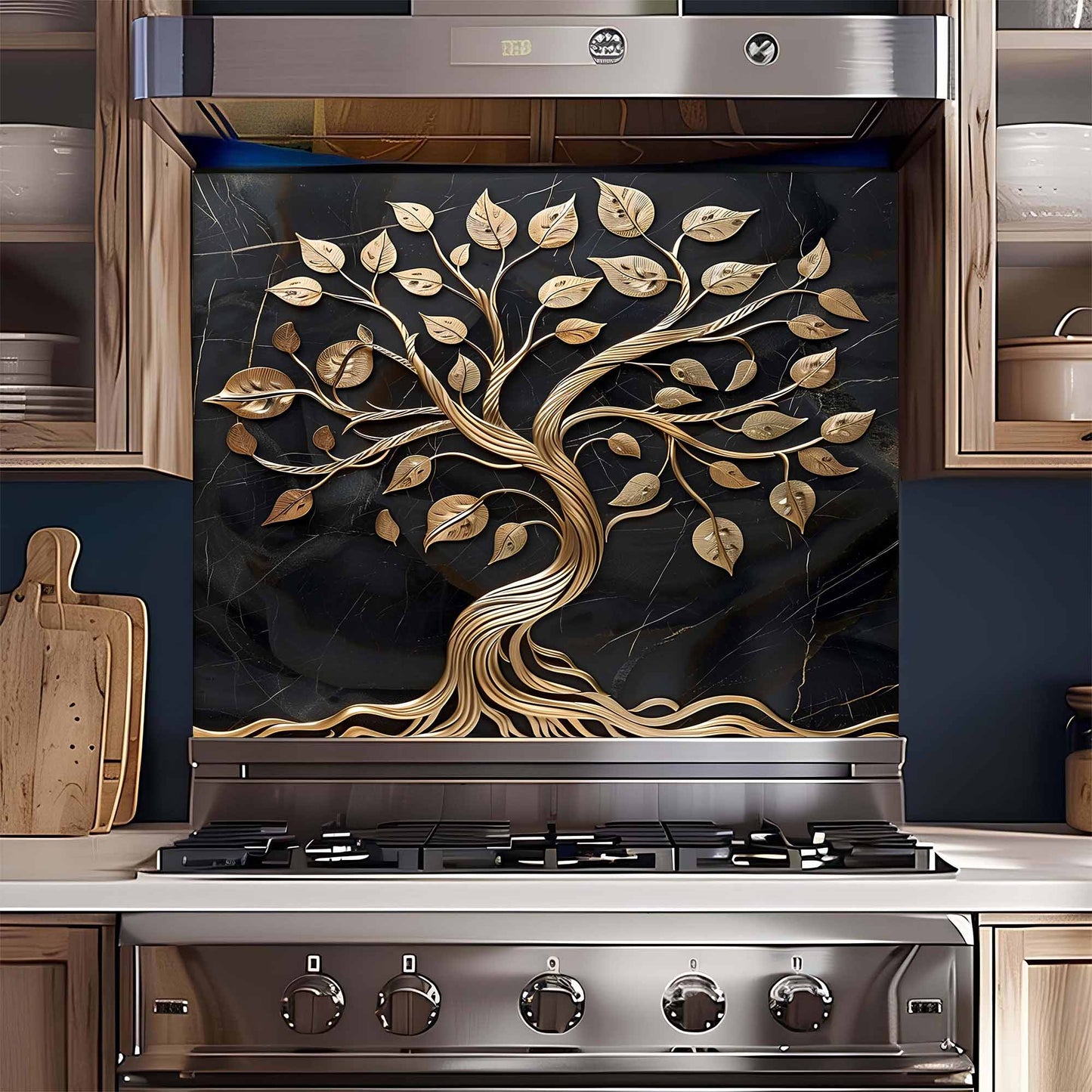 Golden Vine Tree Stove Backsplash – Tempered Glass Backsplash for Kitchen