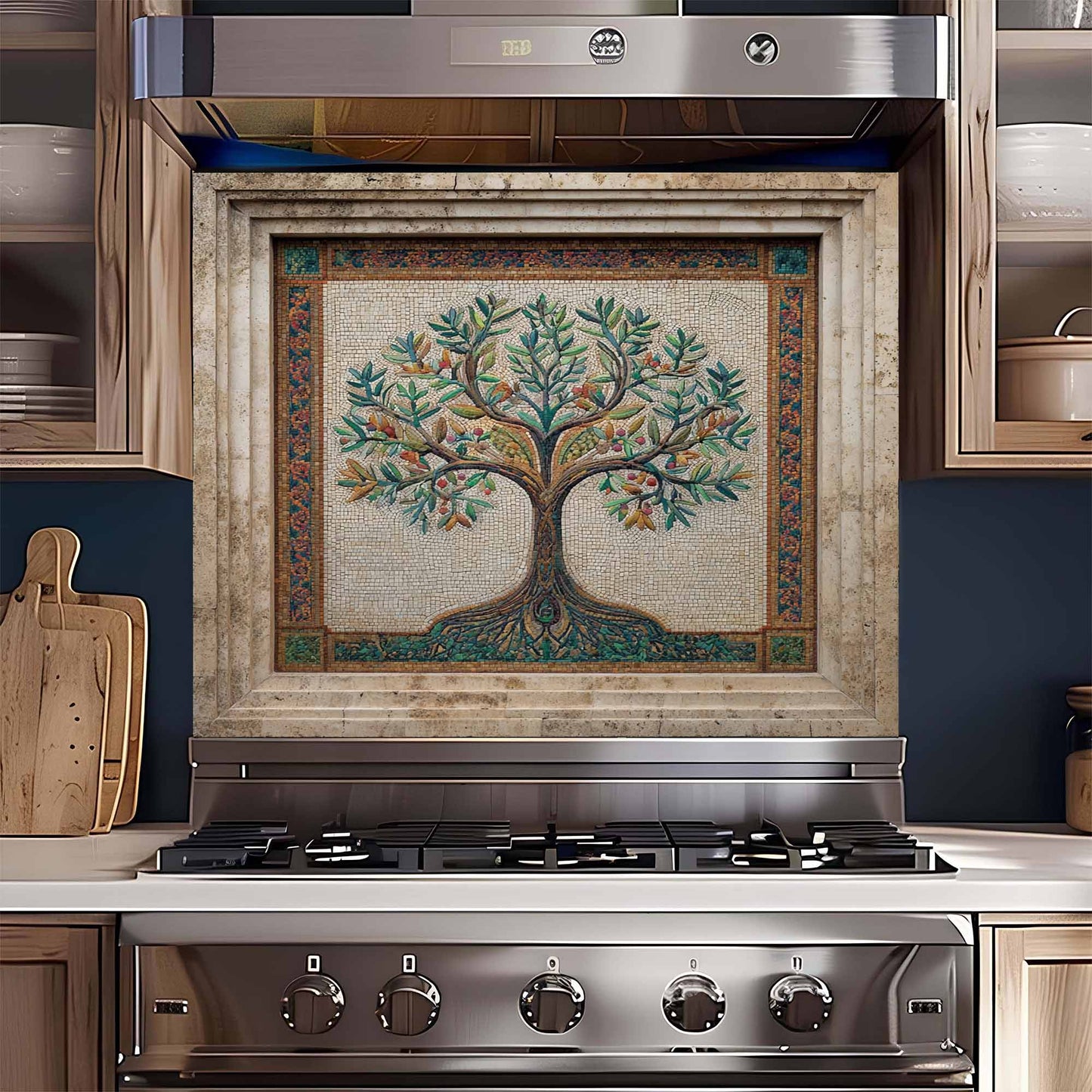 Mosaic Harvest Tempered Glass Backsplash – Mediterranean Tree of Life Kitchen Backsplash