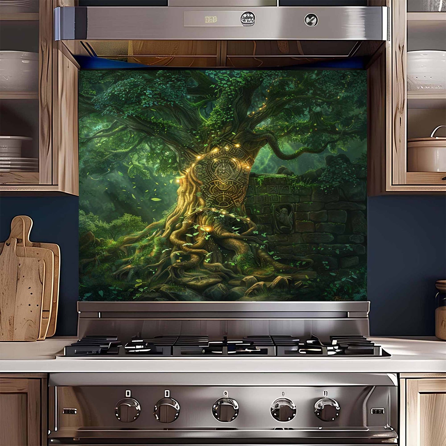 Mystic Grove Tree Tempered Glass Backsplash – Kitchen Backsplash for Stove