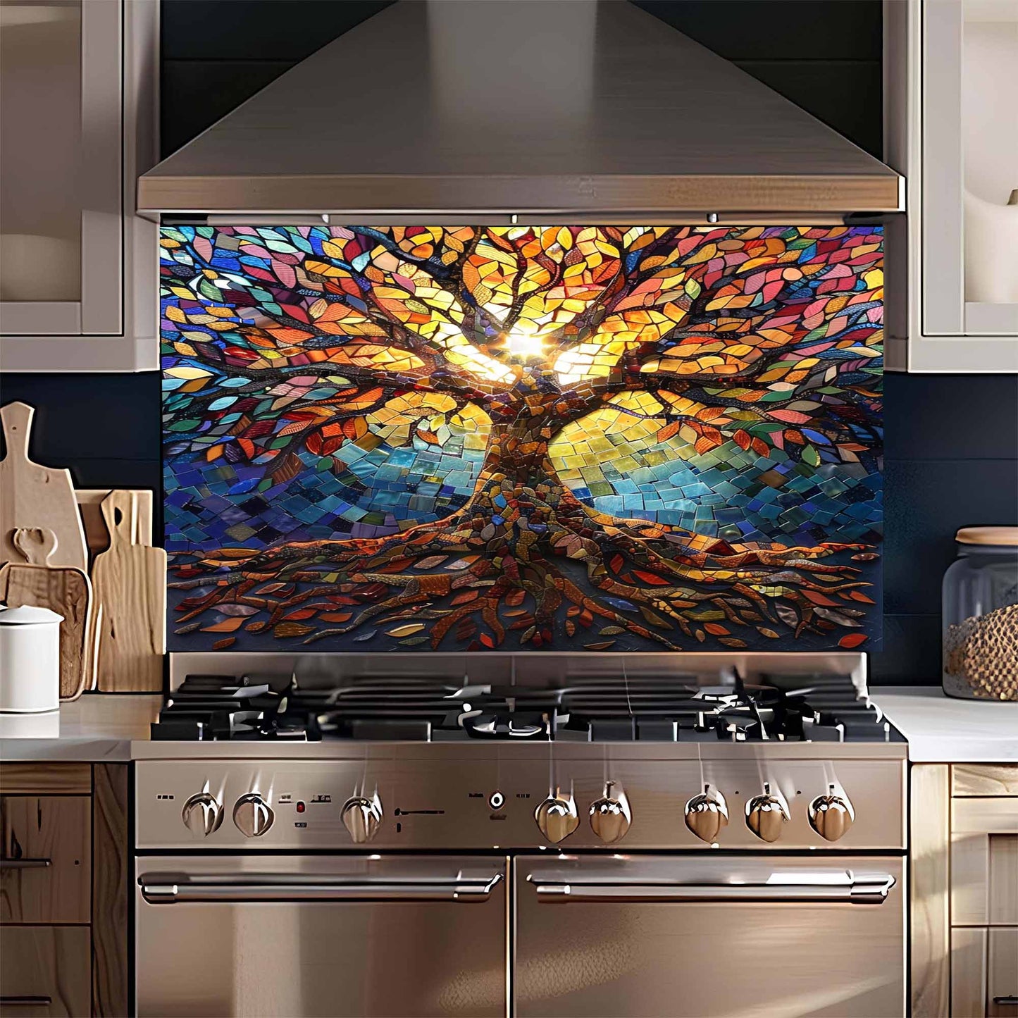 Mosaic Tree Tempered Glass Backsplash – Kitchen Backsplash for Stove or Sink