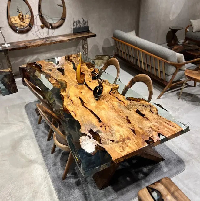 Solid Linden Wood Natural Look Epoxy Resin Side Dining Table