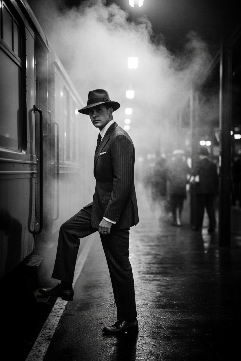 "Sharply dressed man in 1930s suit and fedora stepping onto a train, looking back, noir cinematic portrait"