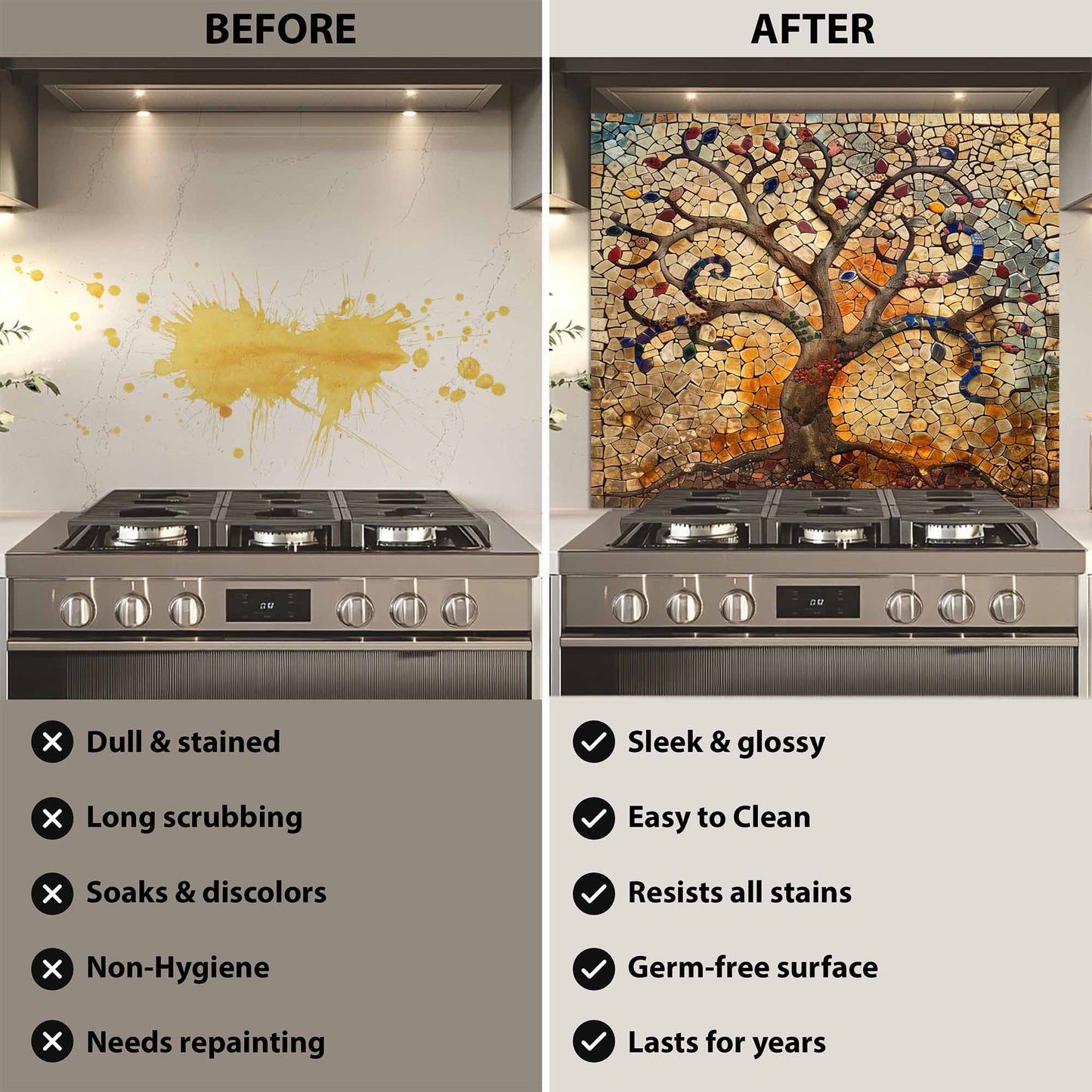 Tempered Glass Kitchen Backsplash – Mosaic Tree of Life Panel for Rustic & Artistic Kitchens