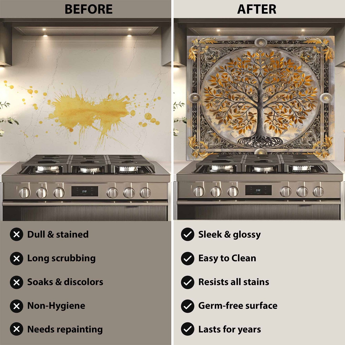 Gilded Harmony Tree of Life Kitchen Backsplash – Tempered Glass Backsplash for Stove