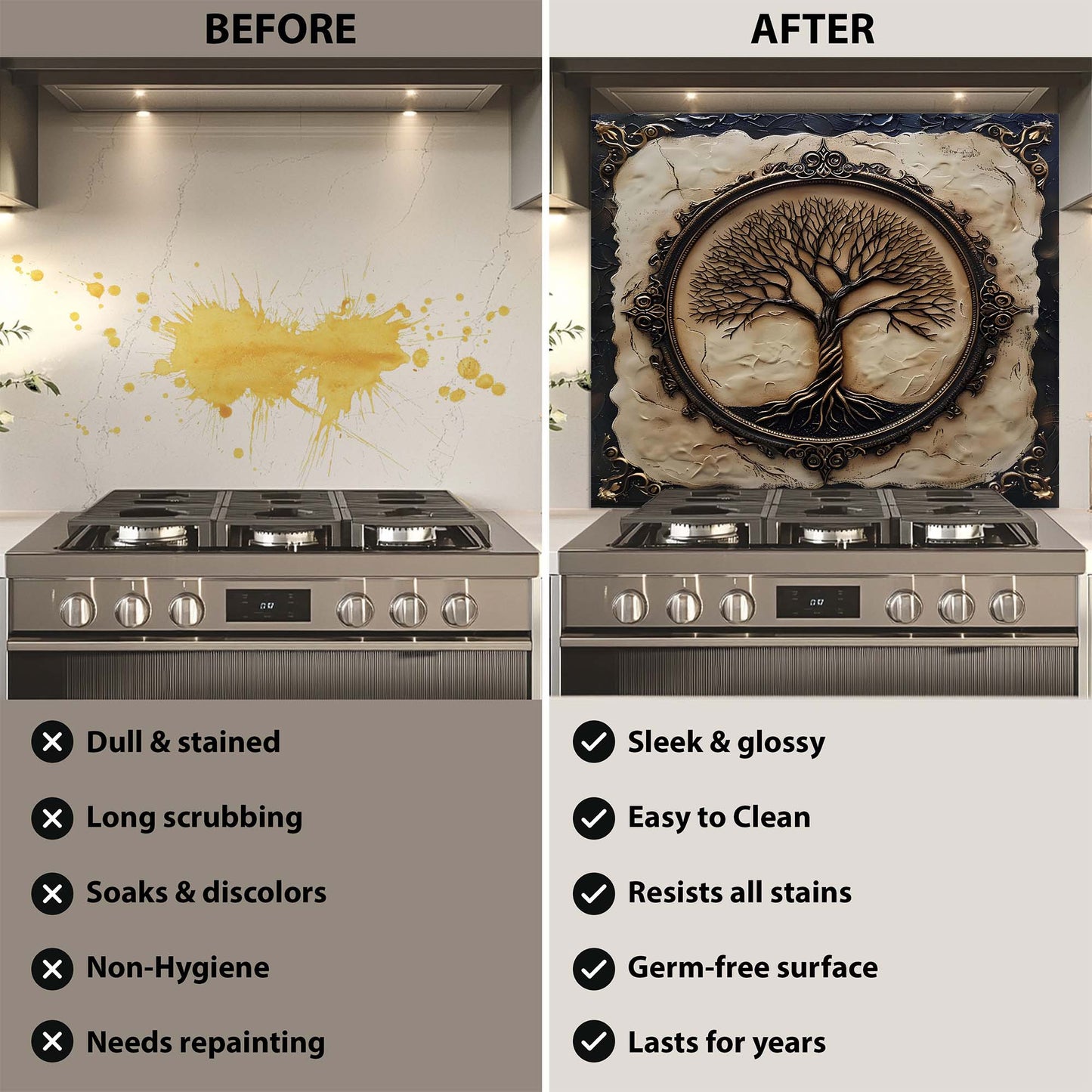 Vintage Rooted Tree Tempered Glass Backsplash - Behind Stove Backsplash