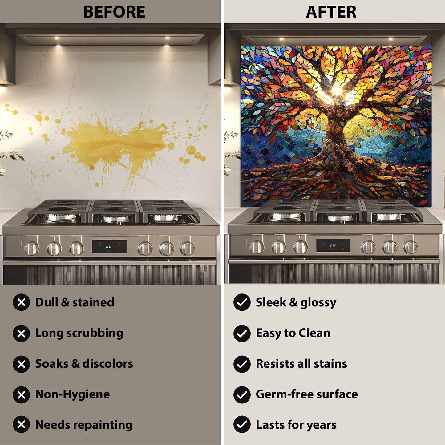 Mosaic Tree Tempered Glass Backsplash – Kitchen Backsplash for Stove or Sink