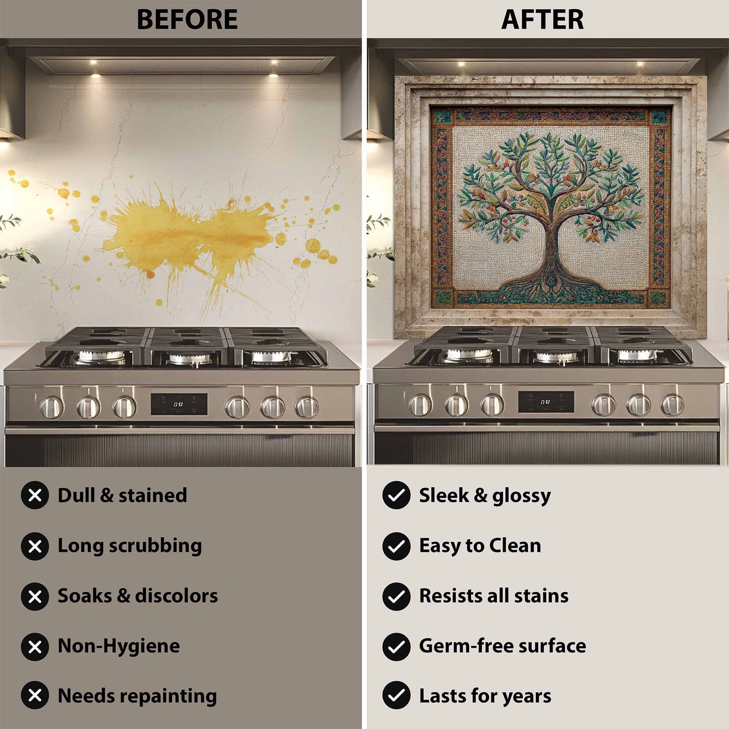 Mosaic Harvest Tempered Glass Backsplash – Mediterranean Tree of Life Kitchen Backsplash