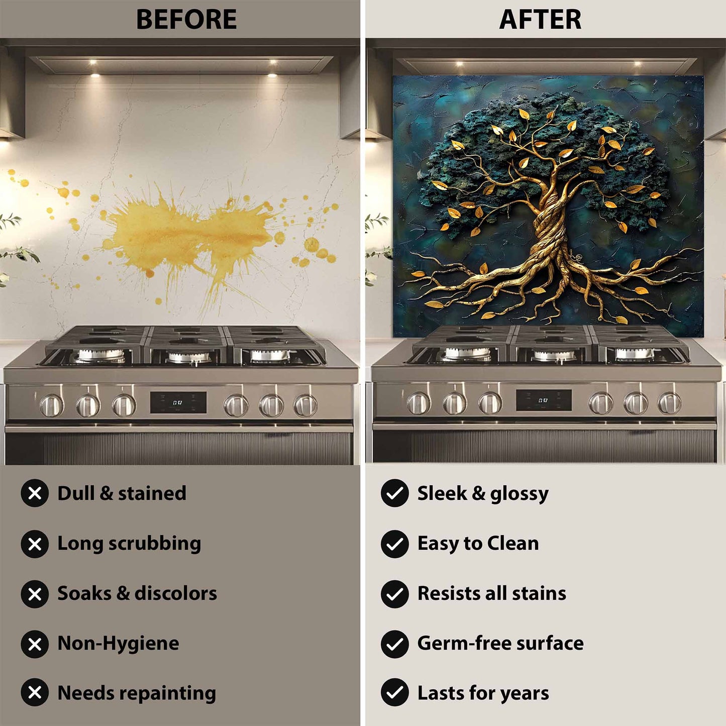 Golden Roots Tree Glass Backsplash – Tempered Glass Backsplash for Kitchen