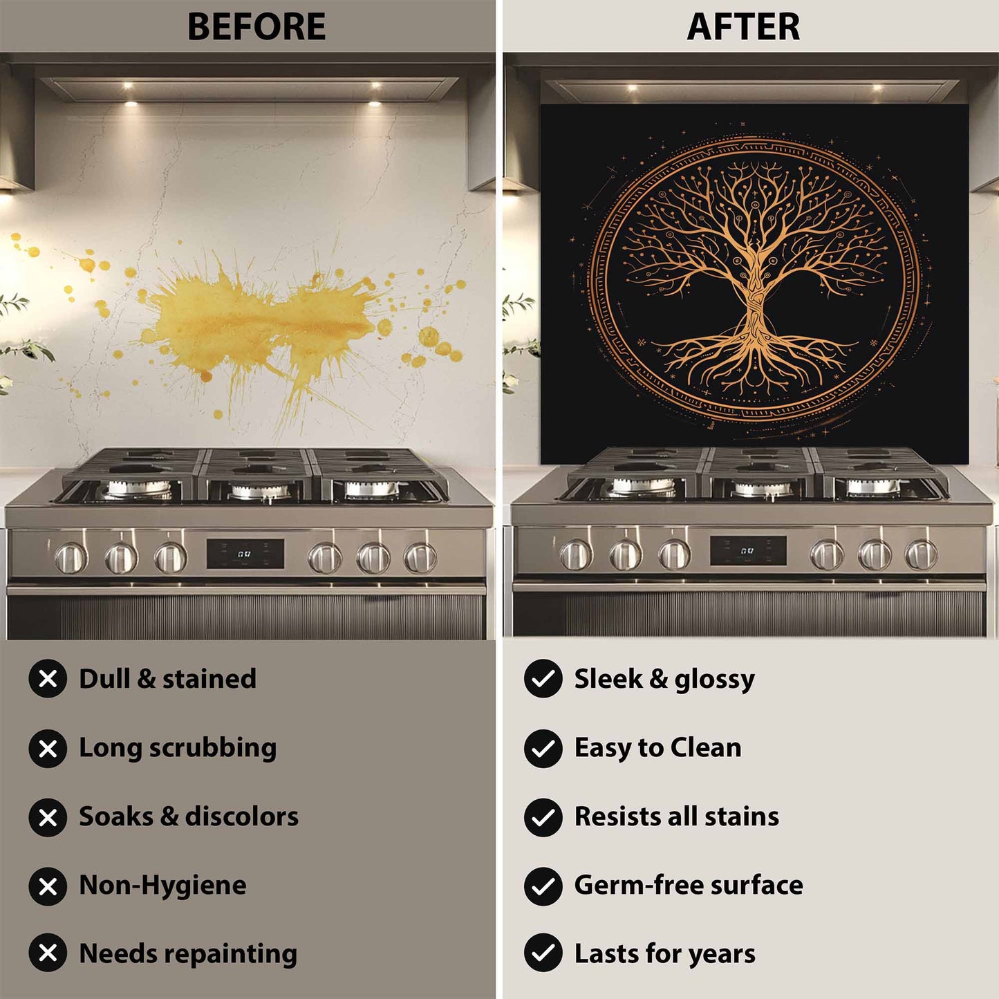 Mystic Gold Tree Kitchen Backsplash – Tempered Glass Backsplash Behind Stove