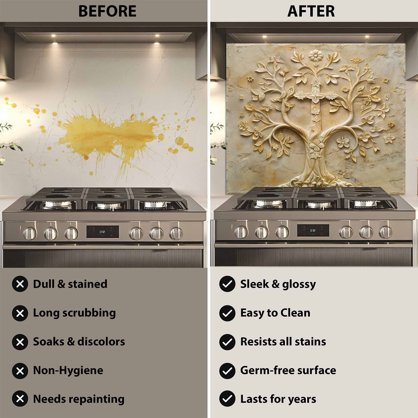 Floral Grace Tempered Glass Backsplash – Tree of Life Kitchen Backsplash for Stove